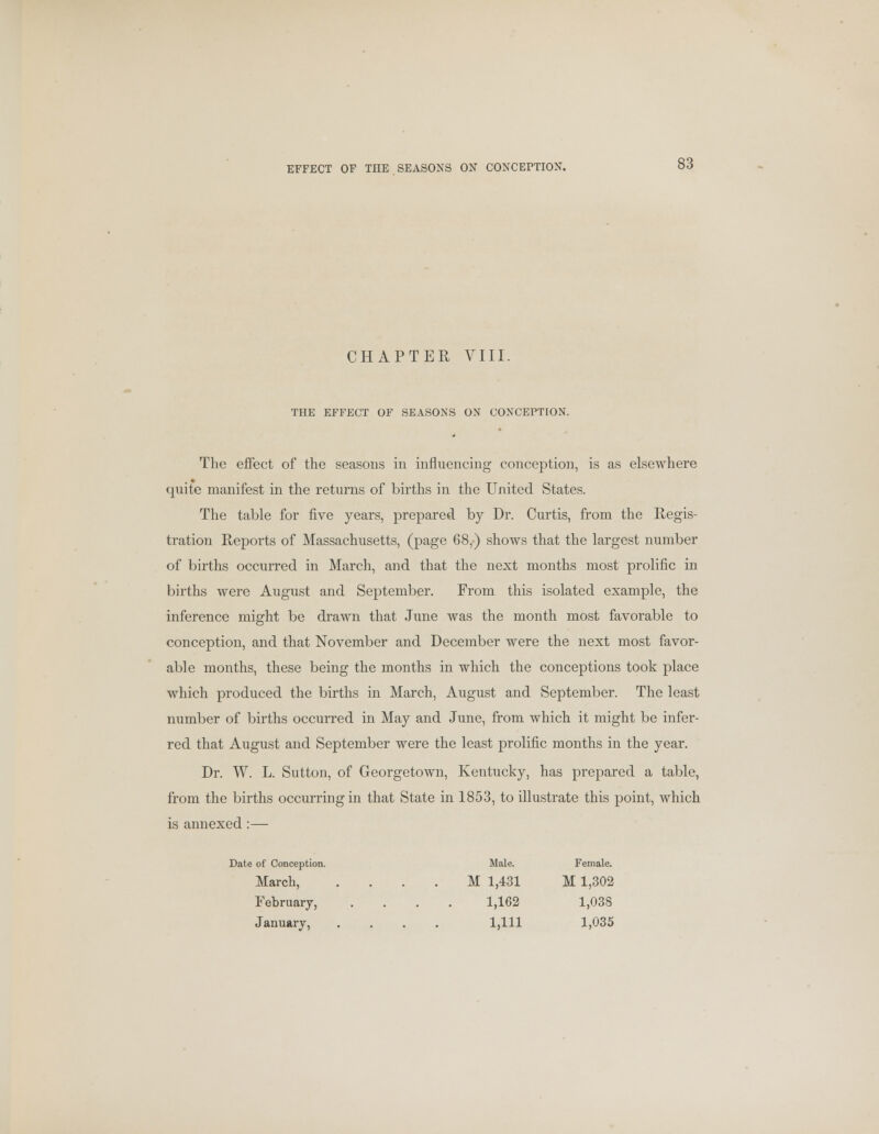EFFECT OF THE SEASONS ON CONCEPTION. CHAPTER VIII. THE EFFECT OF SEASONS ON CONCEPTION. The effect of the seasons in influencing conception, is as elsewhere quite manifest in the returns of births in the United States. The table for five years, prepared, by Dr. Curtis, from the Regis- tration Reports of Massachusetts, (page 68,) shows that the largest number of births occurred in March, and that the next months most prolific in births were August and September. From this isolated example, the inference might be drawn that June was the month most favorable to conception, and that November and December were the next most favor- able months, these being the months in which the conceptions took place which produced the births in March, August and September. The least number of births occurred in May and June, from which it might be infer- red that August and September were the least prolific months in the year. Dr. W. L. Sutton, of Georgetown, Kentucky, has prepared a table, from the births occurring in that State in 1853, to illustrate this point, which is annexed:— Date of Conception. March, .... February, January, .... Male. Female. 1,431 M 1,302 1,162 1,038 1,111 1,035