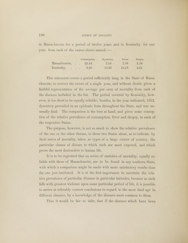 in Massachusetts for a period of twelve years and in Kentucky for one year, from each of the causes above named :— Consumption. Dysentery. Fever. Dropsy. Massachusetts, . . 22.44 7.54 7.08 2.34 Kentucky, . . . 9.20 18.47 15.18 2.21 This statement covers a period sufficiently long, in the State of Massa- chusetts, to correct the errors of a single year, and without doubt gives a faithful representation of the average per cent, of mortality from each of the diseases included in the list. The period covered by Kentucky, how- ever, is too short to be equally reliable; besides, in the year indicated, 1852, dysentery prevailed in an epidemic form throughout the State, and was un- usually fatal. The comparison is the best at hand, and gives some concep- tion of the relative prevalence of consumption, fever and dropsy, in each of the respective States. The purpose, however, is not so much to show the relative prevalence of the one or the other disease, in these two States alone, as to-indicate by their ratios of mortality, taken as types of a large extent of country, the particular classes of disease to which each are most exposed, and which prove the most destructive to human life. It is to be regretted that no series of statistics of mortality, equally re- liable with those of Massachusetts, are to be found in any southern State, with which a comparison might be made with more satisfactory results than the one just instituted. It is of the first importance to ascertain the rela- tive prevalence of particular diseases in particular latitudes, because as each falls with greatest violence upon some particular period of life, it is possible to arrive at tolerably correct conclusions in regard to the most fatal age in different climates, by a knowledge of the diseases most common to them. Thus it would be fair to infer, that if the diseases which have been