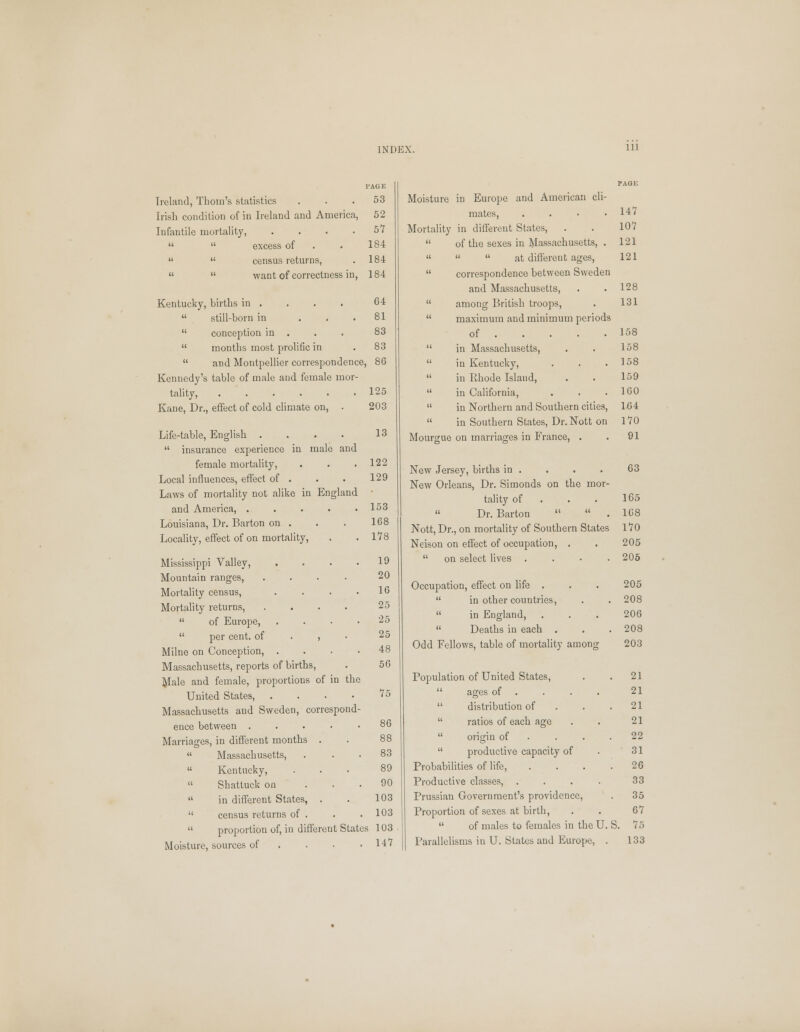 Ill Ireland, Thorn's statistics Irish condition of in Ireland and America, Infantile mortality, ....   excess of   census returns, 53 52 57 184 184 want of correctness in, 184 Kentucky, births in ... 64  still-born in . . .81  conception in . . . 83  months most prolific in . 83  and Montpellier correspondence, 86 Kennedy's table of male and female mor- tality, 125 Kane, Dr., effect of cold climate on, . 203 Life-table, English ....  insurance experience in male and female mortality, Local influences, effect of . Laws of mortality not alike in England and America, .... Louisiana, Dr. Barton on . Locality, effect of on mortality, 13 122 129 153 168 178 Mississippi Valley, Mountain ranges, Mortality census, Mortality returns,  of Europe,  per cent, of . , Milne on Conception, . Massachusetts, reports of births, Male and female, proportions of in the United States, .... Massachusetts and Sweden, correspond- ence between . Marriages, in different months .  Massachusetts,  Kentucky,  Shattuck on  in different States, .  census returns of .  proportion of, in different States 103 Moisture, sources of . • .147 86 88 83 89 90 103 103 Moisture in Europe and American cli- mates, .... Mortality in different States,  of the sexes in Massachusetts, .    at different ages,  correspondence between Sweden and Massachusetts,  among British troops,  maximum and minimum periods of  in Massachusetts,  in Kentucky,  in Rhode Island,  in California,  in Northern and Southern cities,  in Southern States, Dr. Nott on Mourffue on marriages in France, . 147 107 121 121 128 131 158 158 158 159 160 164 170 91 New Jersey, births in . . . . 63 New Orleans, Dr. Simonds on the mor- tality of ... 165  Dr. Barton   . 168 Nott, Dr., on mortality of Southern States 170 Neison on effect of occupation, . . 205  on select lives .... 205 Occupation, effect on life .  in other countries, 205 . 208  in England,  Deaths in each . 206 . 208 Odd Fellows, table of mortality among 203 Population of United States,  ages of  distribution of . 21 21 . 21  ratios of each age 21  origin of 22  productive capacity of Probabilities of life, 31 26 Productive classes, .... 33 Prussian Government's providence, Proportion of sexes at birth,  of males to females in the U. 35 67 S. 75 Parallelisms in U. States and Europe, . 133