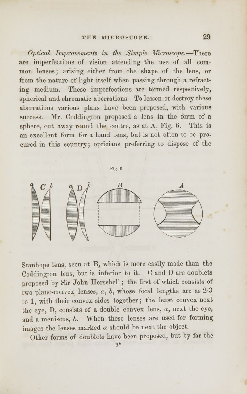 Optical Improvements in the Simple Microscope.—There are imperfections of vision attending the use of all com- mon lenses; arising either from the shape of the lens, or from the nature of light itself when passing through a refract- ing medium. These imperfections are termed respectively, spherical and chromatic aberrations. To lessen or destroy these aberrations various plans have been proposed, with various success. Mr. Coddington proposed a lens in the form of a sphere, cut away round the centre, as at A, Fig. 6. This is an excellent form for a hand lens, but is not often to be pro- cured in this country; opticians preferring to dispose of the Stanhope lens, seen at B, which is more easily made than the Coddington lens, but is inferior to it. C and D are doublets proposed by Sir John Herschell; the first of which consists of two plano-convex lenses, a, b, whose focal lengths are as 2-3 to 1, with their convex sides together; the least convex next the eye, D, consists of a double convex lens, a, next the eye, and a meniscus, b. When these lenses are used for forming images the lenses marked a should be next the object. Other forms of doublets have been proposed, but by far the