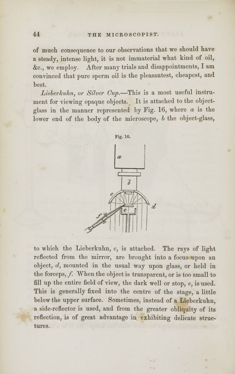 of much consequence to our observations that we should have a steady, intense light, it is not immaterial what kind of oil, &c, we employ. After many trials and disappointments, I am convinced that pure sperm oil is the pleasantest, cheapest, and best. Lieberkuhn, or Silver Cup.—This is a most useful instru- ment for viewing opaque objects. It is attached to the object- glass in the manner represented by Fig. 16, where a is the lower end of the body of the microscope, b the object-glass, Fig. 16. mm to which the Lieberkuhn, c, is attached. The rays of light reflected from the mirror, are brought into a focus upon an object, d, mounted in the usual way upon glass, or held in the forceps, /. When the object is transparent, or is too small to fill up the entire field of view, the dark well or stop, e, is used. This is generally fixed into the centre of the stage, a little below the upper surface. Sometimes, instead of a Lieberkuhn, a side-reflector is used, and from the greater obliquity of its reflection, is of great advantage in exhibiting delicate struc- tures.