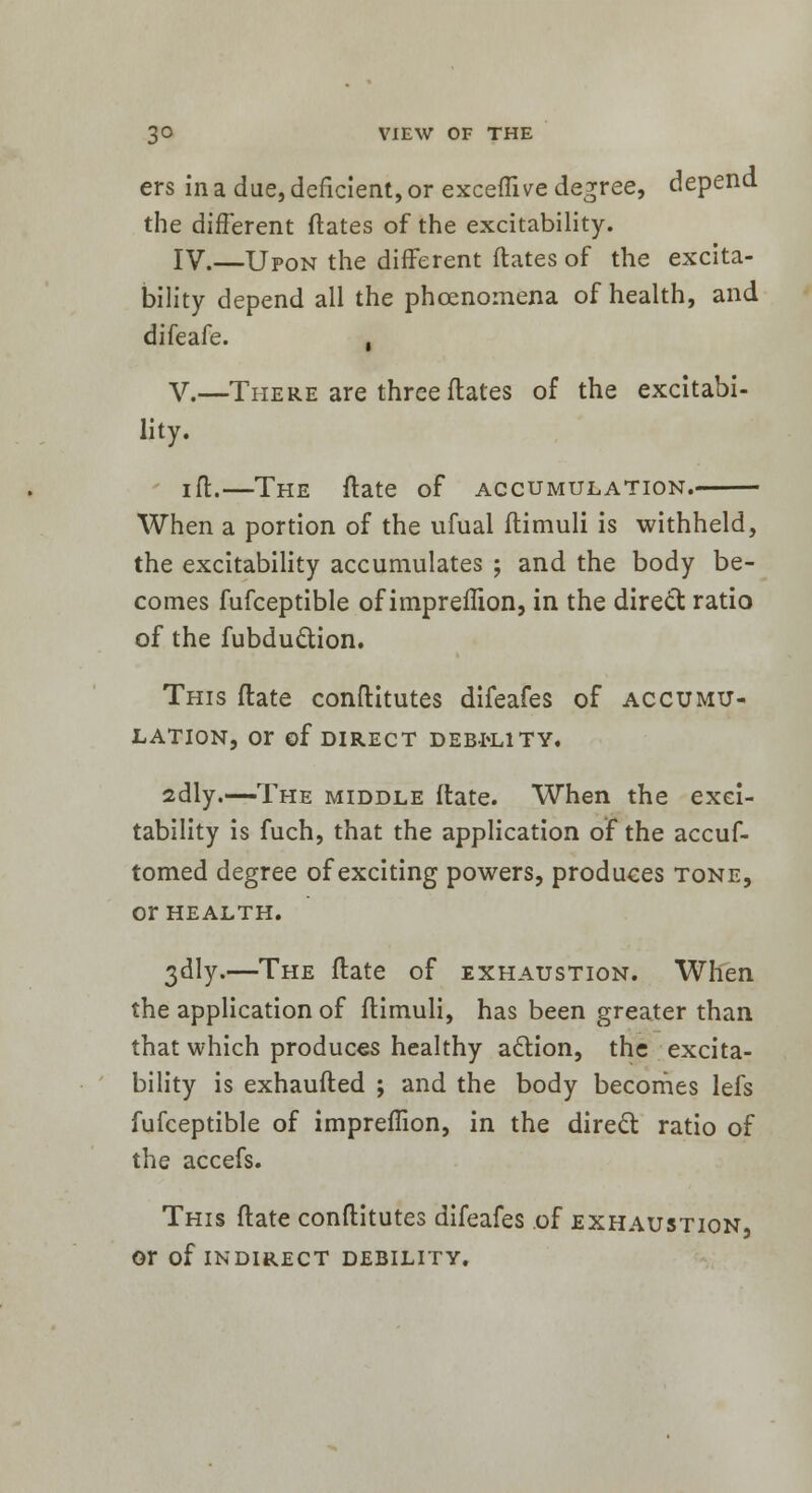 ers in a due, deficient, or exceflive degree, depend the different dates of the excitability. IV.—Upon the different ftates of the excita- bility depend all the phcenomena of health, and difeafe. , V.—There are three ftates of the excitabi- lity. iff.—The ftate of accumulation. When a portion of the ufual ftimuli is withheld, the excitability accumulates ; and the body be- comes fufceptible of impreffion, in the direct ratio of the fubduction. This ftate conftitutes difeafes of accumu- lation, Or of DIRECT DEBILITY. sdly.—The middle ftate. When the exci- tability is fuch, that the application of the accuf- tomed degree of exciting powers, produces tone, Or HEALTH. 3dly.—The ftate of exhaustion. When the application of ftimuli, has been greater than that which produces healthy action, the excita- bility is exhaufted ; and the body becomes lefs fufceptible of impreflion, in the direct ratio of the accefs. This ftate conftitutes difeafes of exhaustion, Or of INDIRECT DEBILITY.