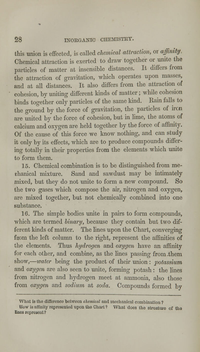 this union is effected, is called chemical attraction, or affinity. Chemical attraction is exerted to draw together or unite the particles of matter at insensible distances. It differs from the attraction of gravitation, which operates upon masses, and at all distances. It also differs from the attraction of cohesion, by uniting different kinds of matter; while cohesion binds together only particles of the same kind. Rain falls to the ground by the force of gravitation, the particles of ircn are united by the force of cohesion, but in hme, the atoms of calcium and oxygen are held together by the force of affinity. Of the cause of this force we know nothing, and can study it only by its effects, which are to produce compounds differ- ing totally in theh properties from the elements which imite to form them. 15. Chemical combination is to be distinguished from me- chanical mixtm-e. Sand and sawdust may be intimately mixed, but they do not tmite to form a new compound. So the two gases which compose the air, nitrogen and oxygen, are mixed together, but not chemically combined into one substance. 16. The simple bodies unite in pairs to fonn compounds, which are termed hinanj, because they contain but two dif- ferent kinds of matter. The lines upon the Chart, converging fcom the left column to the right, represent the affinities of the elements. Thus hydrogen and oxygen have an affinity for each other, and combine, as the lines passmg from .them show,—water bemg the product of their union: potassium and oxygen are also seen to tmite, fonning potash: the Imes from nitrogen and hydrogen meet at ammonia, also those from oxygen and sodium at soda. Compounds formed by What ia the difference between chemical and mechanical combination ? How ia affinity represented upon the Chart ? What does the etrueturo of tho lines represent?