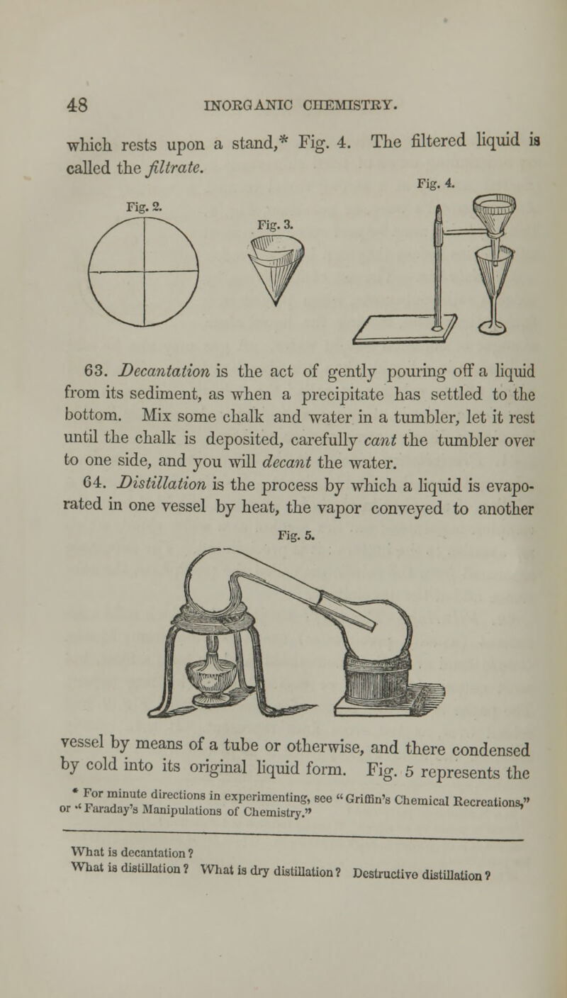 which rests upon a stand,* Fig. 4. The filtered liquid ia called the filtrate. Fig. 4. Fig. 2. Fig. 3. ^^ 63. Decantation is the act of gently pouring oflf a liquid from its sediment, as when a precipitate has settled to the bottom. Mix some chalk and water in a tumbler, let it rest until the chalk is deposited, carefuUj cant the tumbler over to one side, and you will decant the water. 64. Distillation is the process by which a hquid is evapo- rated in one vessel by heat, the vapor conveyed to another Fig. 5. vessel by means of a tube or otherwise, and there condensed by cold into its origmal Hquid form. Fig. 5 represents the • For minute directions in experimenting, see Griffin's Cliemical Recreations, or ■' Faraday's JIampuiations of Chemistry. What is decantation ? What is distillation ? What is dry distillation ? Destructive distillation ?