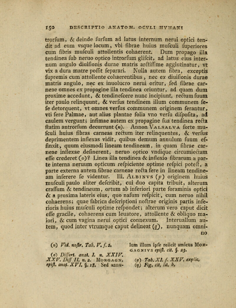 trorfum, & deinde furfum ad latus internum nerui optici ten- dit ad eum vsque locum, vbi fibrae huius mufculi fuperiores cum fibris mufculi attollentis cohaerent. Dum propago illa tendinea fub neruo optico introrfum glifcit, ad latus eius inter- num angulo diuifionis durae matris arftiffime agglutinatur, vt vix a dura matre poffit feparari. Nulla autem fibra, exceptis fupremis cum attollente cohaerentibus , nec ex diuifionis durae matris angulo, nec ex inuolucro nerui oritur, fed fibrae car- neae omnes ex propagine illa tendinea oriuntur, ad quam dum proxime accedunt, & tendinefcere nunc incipiunt, reftumfuum iter paulo relinquunt, & verfus tendinem iilum communem fe- fe detorquent, vt omnes verfus communem originem ferantur, vti fere Palmae, aut alius plantae folia vno verfu difpofita, ad caulem vergunt; infimae autem ex propagine fua tendinea refta ftatim antrorfum decurrunt («). Annon Valsalva forte mu- fculi huius fibras carneas re6tum iter relinquentes, & verfus deprimentem inflexas vidit, quibus demum annulum fuum ef- finxit, quum emsmodi lineam tendineam, in quam fibrae car- neae inflexae definerent, neruo optico vndique circumieftam effe crederet (o)? Linea illa tendinea & inflexio fibrarum a par- te interna neruum opticum refpiciente optime refpici poteft, a parte externa autem fibrae carneae refta fere in lineam tendine- am inferere fe videntur. 111. Albinvs (p) originem huius mufculipaulo aliter defcribit, cui duo capita tribuit, alterum craffum & tendineum, ortum ab inferiori parte foraminis optici & a proxima lateris eius, quo nafum refpicit, cum neruo nihii cohaerens; quae fabrica defcriptioni noftrae originis partis infe- rioris huius mufculi optime refpondet; alterum vero caput dicit effe gracile, cohaerens cum leuatore, attollente & obliquo ma- iori, & cum vagina nerui optici connexum* Interuallum au- tem, quod inter vtrumque caput delineat (q), nunquam omni- no 00 Vid. noflr* Tab, V*]*t* lum illum ipfe reiicit amicus Mok- gagnivs epijl. cit. §. 23, (o) Differt. crnat. 1. «. XXIV. XXV Diff //. ». 2. Morgagn. (p) Tab. XI. f XXV explic. epijl. anai. XVI, §, jS. Sed annu- (q) Fig, cit, litf bf