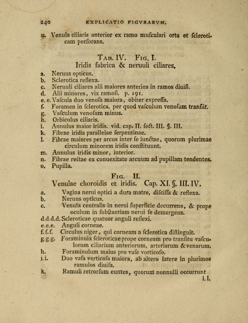 u. Venula ciliaris anterior ex ramo mufculari orta et fcleroti- cam perforans. Tab. IV. Fig. t Iridis fabrica & neniuli ciliares, a. Neruus opticus. b. Sclerotica reflexa. c. Neruuli ciliares alii maiores anterius in ramos diuifi. d. Aliiminores, vix ramofi. p. 191. e. e. Vafcula duo venofa maiora, obiter exprefla. f. Foramen in fclerotica, per quod vafculum venofum tranfiit. g. Vafculum venofum minus. h. Orbiculus ciliaris. i. Annulus maior iridis. vid. cap. II. feft. III. §. III. k. Fibrae iridis parallelae ferpentinae. 1. Fibrae maiores per arcus inter fe iunftae, quorum plurimae circulum minorem iridis conftituunt. m. Annulus iridisminor, interior. n. Fibrae reftae ex conuexitate arcuum ad pupillam tendentes. o, Pupilla. FlG. II. Venulae choroidis et iridis. Cap. XI. §. III. IV. a. Vagina nerui optici a dura matre, difcifla & reflexa. b. Neruus opticus. c. Venula centralis in nerui fuperficie decurrens, & prope oculum in fubftantiam nerui fe demergens. d.d.d.d. Scleroticae quatuor anguli reilexi. e.e.e. Anguli corneae. f. f.f. Circulus niger, qui corneam a fclerotica diflinguit. g.g.g. Foraminula fcleroticaeprope corneam pro tranfitu vafcu- lorum ciliarium anteriorum, arteriarum &venarum. h. Foraminulum maius pro vafe vorticofo. i.i. Duo vafa vorticofa maiora, ab altero latere in plurimos ramulos diuifa. k. Ramuli retrorfum euntes, quorum nonnulli occurrunt