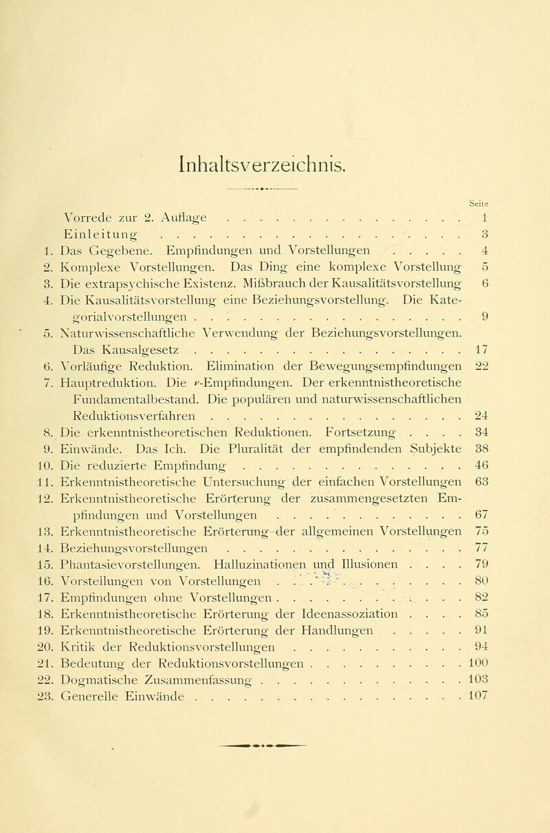 Inhaltsverzeichnis. Seite Vorrede zur 2. Auflage 1 Einleitung 3 1. Das Gegebene. Empfindungen und Vorstellungen 4 2. Komplexe Vorstellungen. Das Ding eine komplexe Vorstellung 5 3. Die extrapsychische Existenz. Mißbrauch der Kausalitätsvorstellung 6 4. Die Kausalitätsvorstellung eine Beziehungsvorstellung. Die Kate- gorialvorstellungen 9 5. Naturwissenschaftliche Verwendung der Beziehungsvorstellungen. Das Kausalgesetz 17 6. Vorläufige Reduktion. Elimination der Bewegungsempfindungen 22 7. Hauptreduktion. Die »^Empfindungen. Der erkenntnistheoretische Fundamentalbestand. Die populären und naturwissenschaftlichen Reduktionsverfahren 24 8. Die erkenntnistheoretischen Reduktionen. Fortsetzung .... 34 9. Einwände. Das Ich. Die Pluralität der empfindenden Subjekte 38 10. Die reduzierte Empfindung 46 11. Erkenntnistheoretische Untersuchung der einfachen Vorstellungen 63 12. Erkenntnistheoretische Erörterung der zusammengesetzten Em- pfindungen und Vorstellungen 67 13. Erkenntnistheoretische Erörterung der allgemeinen Vorstellungen 75 14. Beziehungsvorstellungen 77 15. Phantasievorstellungen. Halluzinationen und Illusionen .... 79 16. Vorstellungen von Vorstellungen V;i--. . . . . . . . 80 17. Empfindungen ohne Vorstellungen '.■.;.. ... 82 18. Erkenntnistheoretische Erörterung der Ideenassoziation .... 85 19. Erkenntnistheoretische Erörterung der Handlungen 91 20. Kritik der Reduktionsvorstellungen 94 21. Bedeutung der Reduktionsvorstellungen 100 22. Dogmatische Zusammenfassung 103 23. Generelle Einwände 107