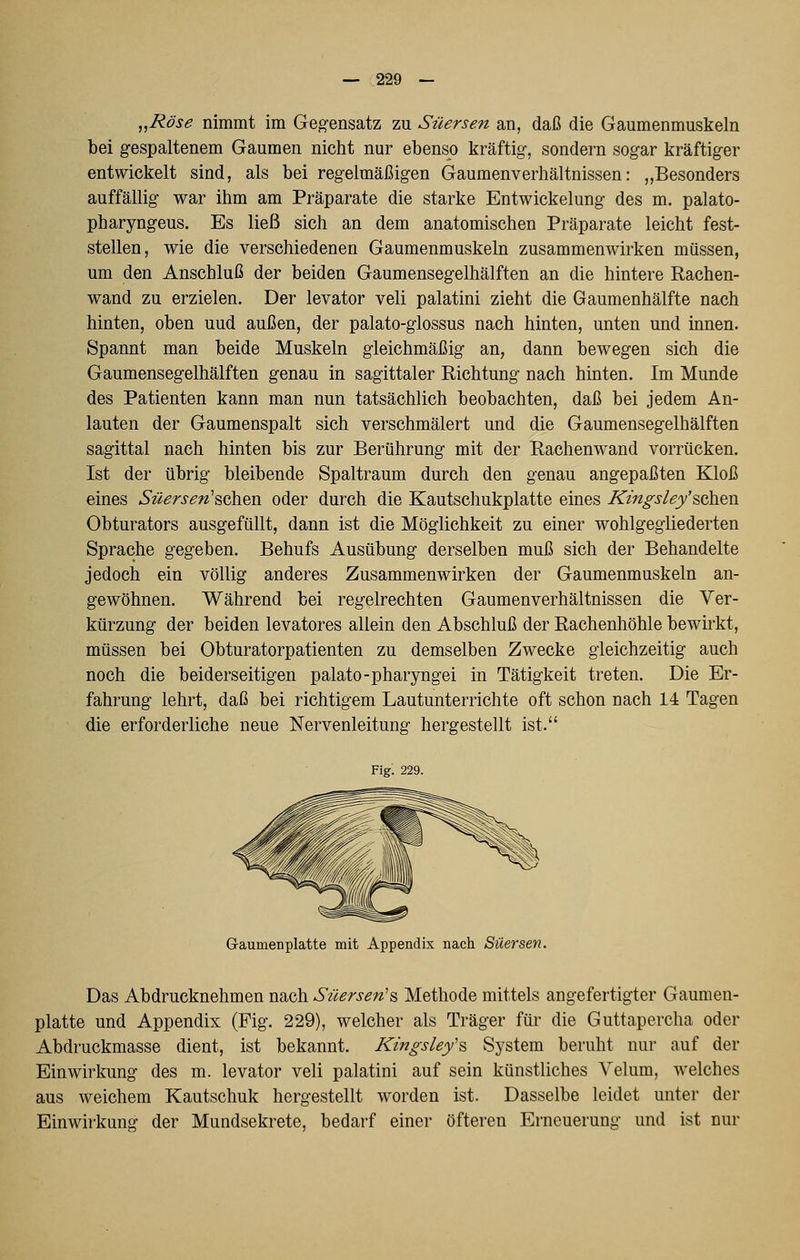 „Röse nimmt im Gegensatz zu Süersen an, daß die Gaumenmuskeln bei gespaltenem Gaumen nicht nur ebenso kräftig-, sondern sogar kräftiger entwickelt sind, als bei regelmäßigen Gaumenverhältnissen: „Besonders auffällig war ihm am Präparate die starke Entwickelung des m. palato- pharyngeus. Es ließ sich an dem anatomischen Präparate leicht fest- stellen, wie die verschiedenen Gaumenmuskeln zusammenwirken müssen, um den Anschluß der beiden Gaumensegelhälften an die hintere Rachen- wand zu erzielen. Der levator veli palatini zieht die Gaumenhälfte nach hinten, oben uud außen, der palato-glossus nach hinten, unten und innen. Spannt man beide Muskeln gleichmäßig an, dann bewegen sich die Gaumensegelhälften genau in sagittaler Richtung nach hinten. Im Munde des Patienten kann man nun tatsächlich beobachten, daß bei jedem An- lauten der Gaumenspalt sich verschmälert und die Gaumensegelhälften sagittal nach hinten bis zur Berührung mit der Rachenwand vorrücken. Ist der übrig bleibende Spaltraum durch den genau angepaßten Kloß eines ^e/^z-i-^i^'sehen oder durch die Kautschukplatte eines Kingsley''&Qh&VL Obturators ausgefüllt, dann ist die Möglichkeit zu einer wohlgegliederten Sprache gegeben. Behufs Ausübung derselben muß sich der Behandelte jedoch ein völlig anderes Zusammenwirken der Gaumenmuskeln an- gewöhnen. Während bei regelrechten Gaumenverhältnissen die Ver- kürzung der beiden levatores allein den Abschluß der Rachenhöhle bewirkt, müssen bei Obturatorpatienten zu demselben Zwecke gleichzeitig auch noch die beiderseitigen palato-pharyngei in Tätigkeit treten. Die Er- fahrung lehrt, daß bei richtigem Lautunterrichte oft schon nach 14 Tagen die erforderliche neue Nervenleitung hergestellt ist. Y\%. 229. Graumenplatte mit Appendix nach Süersen. Das Abdrucknehmen nach Süersen's Methode mittels angefertigter Gaumen- platte und Appendix (Fig. 229), welcher als Träger für die Guttapercha oder Abdruckmasse dient, ist bekannt. Kingsley'^ System beruht nur auf der Einwirkung des m. levator veli palatini auf sein künstliches A^elum, welches aus weichem Kautschuk hergestellt worden ist. Dasselbe leidet unter der Einwirkung' der Mundsekrete, bedarf einer öfteren Erneuerung und ist nur