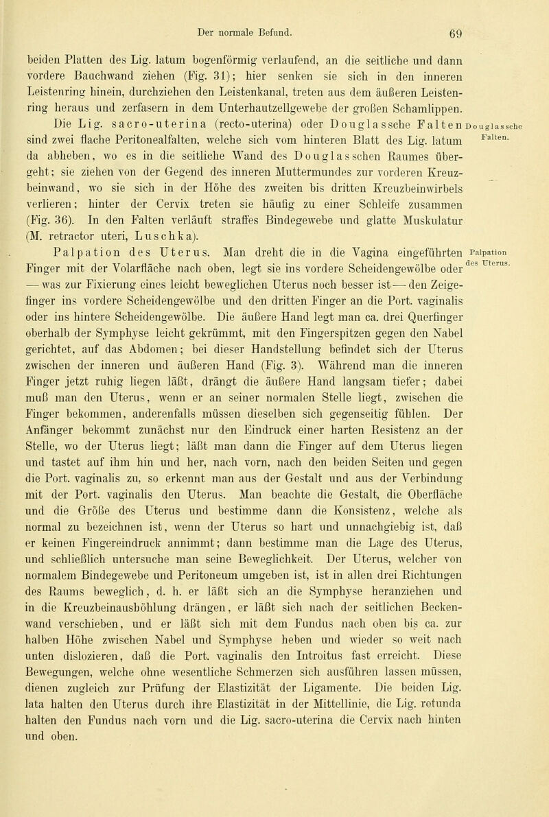 beiden Platten des Lig. latum bogenförmig verlaufend, an die seitliche und dann vordere Bauch wand ziehen (Fig. 31); hier senken sie sich in den inneren Leistenring hinein, durchziehen den Leistenkanal, treten aus dem äußeren Leisten- ring heraus und zerfasern in dem Unterhautzellgewebe der großen Schamlippen. Die Lig. sacro-uterina (recto-uterina) oder Douglassche Falten Dougiassche sind zwei flache Peritonealfalten, welche sich vom hinteren Blatt des Lig. latum FaIten- da abheben, wo es in die seitliche Wand des Douglas sehen Raumes über- geht ; sie ziehen von der Gegend des inneren Muttermundes zur vorderen Kreuz- beinwand, wo sie sich in der Höhe des zweiten bis dritten Kreuzbeinwirbels verlieren; hinter der Cervix treten sie häufig zu einer Schleife zusammen (Fig. 36). In den Falten verläuft straffes Bindegewebe und glatte Muskulatur (M. retractor uteri, Luschka). Palpation des Uterus. Man dreht die in die Vagina eingeführten Paipation Finger mit der Volarfläche nach oben, legt sie ins vordere Scheidengewölbe oder — was zur Fixierung eines leicht beweglichen Uterus noch besser ist-—-den Zeige- finger ins vordere Scheidengewölbe und den dritten Finger an die Port, vaginalis oder ins hintere Scheidengewölbe. Die äußere Hand legt man ca. drei Querfinger oberhalb der Symphyse leicht gekrümmt, mit den Fingerspitzen gegen den Nabel gerichtet, auf das Abdomen; bei dieser Handstellung befindet sich der Uterus zwischen der inneren und äußeren Hand (Fig. 3). Während man die inneren Finger jetzt ruhig liegen läßt, drängt die äußere Hand langsam tiefer; dabei muß man den Uterus, wenn er an seiner normalen Stelle liegt, zwischen die Finger bekommen, anderenfalls müssen dieselben sich gegenseitig fühlen. Der Anfänger bekommt zunächst nur den Eindruck einer harten Resistenz an der Stelle, wo der Uterus liegt; läßt man dann die Finger auf dem Uterus liegen und tastet auf ihm hin und her, nach vorn, nach den beiden Seiten und gegen die Port, vaginalis zu, so erkennt man aus der Gestalt und aus der Verbindung mit der Port, vaginalis den Uterus. Man beachte die Gestalt, die Oberfläche und die Größe des Uterus und bestimme dann die Konsistenz, welche als normal zu bezeichnen ist, wenn der Uterus so hart und unnachgiebig ist, daß er keinen Fingereindruck annimmt; dann bestimme man die Lage des Uterus, und schließlich untersuche man seine Beweglichkeit. Der Uterus, welcher von normalem Bindegewebe und Peritoneum umgeben ist, ist in allen drei Richtungen des Raums beweglich, d. h. er läßt sich an die Symphyse heranziehen und in die Kreuzbeinausböhlung drängen, er läßt sich nach der seitlichen Becken- wand verschieben, und er läßt sich mit dem Fundus nach oben bis ca. zur halben Höhe zwischen Nabel und Symphyse heben und wieder so weit nach unten dislozieren, daß die Port, vaginalis den Introitus fast erreicht. Diese Bewegungen, welche ohne wesentliche Schmerzen sich ausführen lassen müssen, dienen zugleich zur Prüfung der Elastizität der Ligamente. Die beiden Lig. lata halten den Uterus durch ihre Elastizität in der Mittellinie, die Lig. rotunda halten den Fundus nach vorn und die Lig. sacro-uterina die Cervix nach hinten und oben.