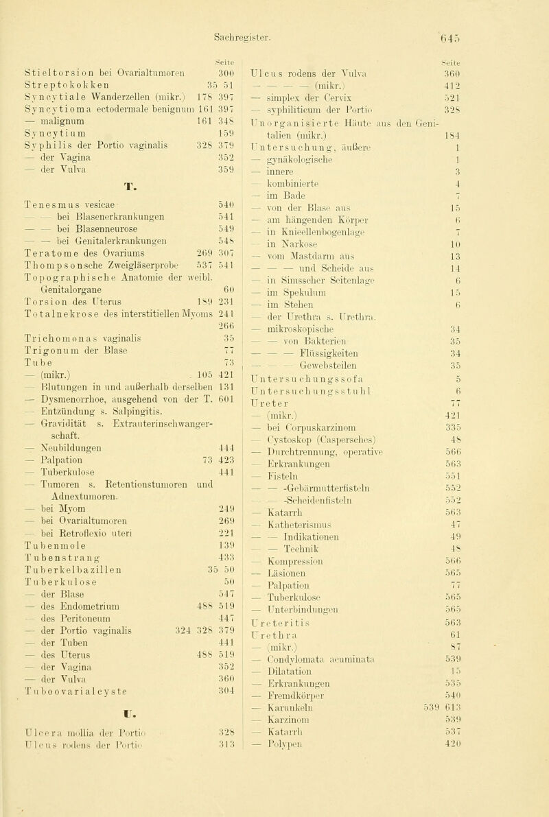 Seite Stieltorsion bei Ovarialtumoren 300 Streptokokken 35 51 Syncytiale Wanderzellen (mikr.) 17S 397 Syncytioma ectodermale benignum 161 397 — malignurn 161 34 S Syncytium 159 Syphilis der Portio vaginalis 32S 379 — der Vagina 352 - der Vulva 359 T. Tenesmus vesicae- 54n - bei Blasenerkrankungen 541 - bei Blasenneurose 549 - — bei Genitalerkrankungen 54S Teratome des Ovariums 269 307 Thompsonsche Zweigläserprobe 537 541 Topographische Anatomie der weibl. Genital organe 60 Torsion des Uterus 189 231 Totalnekrose des interstitiellen Myoms 241 266 Trichomonas vaginalis 35 Trigonum der Blase 77 Tube 73 - (mikr.) . 105 421 - Blutungen in und außerhalb derselben 131 — Dysmenorrhoe, ausgehend von der T. 601 - Entzündung s. Salpingitis. — Gravidität s. Extrauterinschwanger- schaft. - Neubildungen 444 — Palpation 73 423 — Tuberkulose 441 - Tumoren s. Betentionstumoren und Adnextumoren. - bei Myom 249 - bei Ovarialtumoren 269 - bei Retroflexio uteri 221 Tubenmole 139 Tuben st rang 433 Tuberkelbazillen 35 50 Tuberkulose 50 — der Blase 547 - des Endometrium 488 519 - des Peritoneum 447 - der Portio vaginalis 324 328 379 — der Tuben 441 - des Uterus 488 519 - der Vagina 352 — der Vulva 360 Tuboovarialcyste 304 I lee ra mollia der Portio Ulcus rodens der Portio 328 313 Ulcus rodens der Vulva — — — — (mikr.) — simplex der Cervix - syphiliticum der Portio Unorganisierte Häute au talien (mikr.) Untersuchung, äußere - gynäkologische — innere - kombinierte - im Bade — von der Blase aus — am hängenden Körper — in Knieellenbogenlage - in Narkose — vom Mastdarm aus - — und Scheide aus — in Simsscher Seitenlage - im Spekulum — im Stehen - der Urethra s. Urethra. - mikroskopische — von Bakterien - Flüssigkeiten - Gewebsteilen Unters u c h u n g s s o f a Un t er s u ch u.n g s s t uh.1 Ureter — (mikr.) - bei Corpuskarzinom - Cystoskop (Caspersches) — Durchtrennung, operative -- Erkrankungen - Disteln — -Gebärmutterfisteln - -Scheidenfisteln - Katarrh - Katheterismus - Indikationen - Technik - Kompression — Läsionen - Palpation — Tuberkulose — Unterbindungen Ureteritis U r e t h r a - (mikr.) - Condylomata acuminata - Dilatation - Erkrankungen — Fremdkörper — Karunkeln - Karzinom - Katarrh — Polypen den Geni Seite 360 412 521 328 184 1 1 3 4 15 li 7 10 13 14 6 15 6 34 35 34 35 5 6 77 421 335 48 566 563 551 552 552 563 47 49 48 566 565 565 565 563 61 87 539 15 535 540 539 613 539 537 420