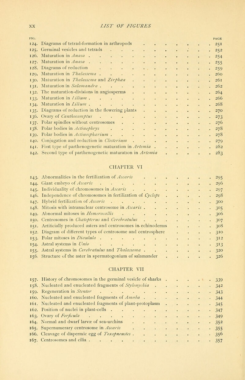 FIG. PAGE 124. Diagrams of tetrad-formation in arthropods •251 125. Germinal vesicles and tetrads ........'.. 252 126. Maturation in Aiiasa ............ 254 127. Maturation in Anasa ............ 255 128. Diagrams of reduction . . . . ... , . . . . 259 129. Maturation in Thalassema ........... 260 130. Maturation in Thalassemia and Zirphcza . . . . , . . .261 131. Maturation in Salaniandra ........... 262 132. The maturation-divisions in angiosperms ........ 264 133. Maturation in Lilium ............ 266 134. Maturation in Li limn ............ 268 135. Diagrams of reduction in the flowering plants ....... 270 136. Ovary of CanthocampHts ........... 273 137. Polar spindles without centrosomes ......... 276 138. Polar bodies in Actinophrys . . . . . . . . . . 278 139. Polar bodies in AclinosphcErium .......... 278 140. Conjugation and reduction in Closterium ........ 279 141. First type of parthenogenetic maturation in ^;'/^;;zza ...... 282 142. Second type of parthenogenetic maturation in Artemia 283 CHAPTER VI 143. Abnormalities in the fertilization of .':/j(:«rw ....... 295 144. Giant embryo of Ascaris ........... 296 145. Individuality of chromosomes in Ascaris ........ 297 146. Independence of chromosomes in fertilization of Cj'f^/5 . . . . . 298 147. Hybrid fertilization of Ascaris .......... 300 148. Mitosis with intranuclear centrosome in Ascaris ....... 305 149. Abnormal mitoses in Hemerocallis . . . . . . . . . 306 150. Centrosomes in Oiatopterus and Cerebratulus ....... 307 151. Artificially produced asters and centrosomes in. echinoderms .... 308 152. Diagram of different types of centrosome and centrosphere .... 310 153. Polar mitoses in Diaulula . . . . . . . . . . -312 154. Astral systems in Unio . . . . . . . . . . -313 155. Astral systems in Cerebrattdus and Thalassema ....... 320 156. Structure of the aster in spermatogonium of salamander ..... 326 CHAPTER VII 157. History of chromosomes in the germinal vesicle of sharks . . . . » . 339 158. Nucleated and enucleated fragments of .5'/j'/c)/zji'ir///a ...... 342 159. Regeneration in Stentor . . . . . , . . . . . . 343 160. Nucleated and enucleated fragments of .'/wft'/^rt! ....... 344 161. Nucleated and enucleated fragments of plant-protoplasm ..... 345 162. Position of nuclei in plant-cells .......... 347 163. Ovary oi Forficula ............ 349 164. Normal and dwarf larvae of sea-urchins ........ 352 165. Supernumerary centrosome in Ascaris . . . . . . . . 355 166. Cleavage of dispermic egg of Toxopneustes ........ 356 167. Centrosomes and cilia ............ 357