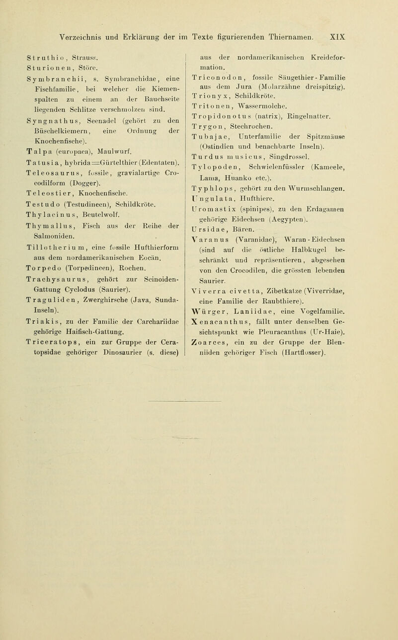 S t r u t h i o , Strauss. Sturioneii, Störe. Symbranchii, s. Syrabranchidae, eine Fischfamilie, bei welciier die Kiemen- spalten zu einem an der Bauchseite liegenden Schlitze verschmolzen sind. Syngnathus, Seenadel (gehört zu den Büschelkiemern, eine Ordnung der Knochenfische). Talpa (europaea), Maulwurf. Tatusia, hybrida=Gürtelthier (Edentaten). Teleosaurus, fussile, gravialartige Cro- codilform (Dogger). Teleostier, Knochenfische. T e s t u d 0 (Testudineen), Schildkröte. Thylacinus, Beutelwolf. Thymallus, Fisch aus der Reihe der Salmoniden. Tillotherium, eine fossile Hufthierform aus dem nordamerikanischen Eocän. Torpedo (Torpedineen), Rochen. Trachysaurus, gehört zur Scinoiden- Gattung Cyclodus (Saurier). Traguliden, Zwerghirsche (Java, Sunda- Inseln). Triakis, zu der Familie der Carchariidae gehörige Haifisch-Gattung. Triceratops, ein zur Gruppe der Cera- topsidae gehöriger Dinosaurier (s. diese) aus der nordamerikanischen Kreidefor- mation. Triconodon, fossile Säugethier - Familie aus dem Jura (Molarzähne dreispitzig). T r i 0 n y X, Schildkröte. Tritonen, Wassermolche. Tropidonotus (natrix), Ringelnatter. Trygon, Stechrochen. Tubajae, Unterfamilie der Spitzmäuse (Ostindien und benachbarte Inseln). Turdus musicus, Singdrossel. Tylopoden, Schwielenfüssler (Kameele, Lama, Huanko etc.). Typhlops, gehört zu den Wurmschlaugen. Ungulata, Hufthiere. Uromastix (spinipes), zu den Erdagamen gehörige Eidechsen (Aegypten). U rsidae, Bären. Varanus (Varanidae), Waran-Eidechsen (sind auf die östliche Halbkugel be- schränkt und repräsentieren, abgesehen von den Crocodilen, die grössten lebenden Saurier. Viverra civetta, Zibetkatze (Viverridae, eine Familie der Raubthiere). Würger, Laniidae, eine Vogelfamilie. Xenacanthus, fällt unter denselben Ge- sichtspunkt wie Pleuracanthus (Ur-Haie). Zoarces, ein zu der Gruppe der Blen- niiden gehöriger Fisch (Hartflosser).