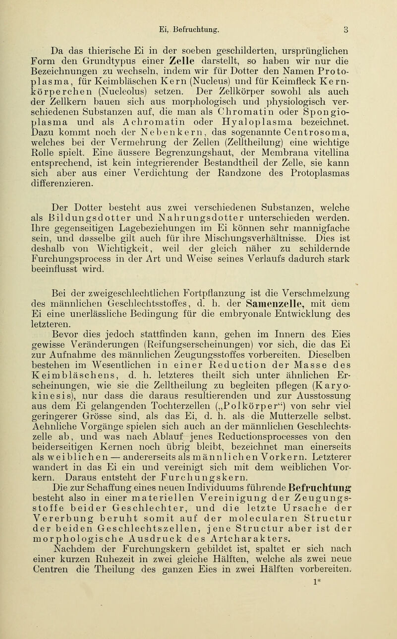 Da das thierische Ei in der soeben geschilderten, ursprünglichen Form den Grmidtypiis einer Zelle darstellt, so haben wir nur die Bezeichnungen zu wechseln, indem wir für Dotter den Namen Proto- plasma, für Keimbläschen Kern (Nucleus) und für Keimfleck Kern- körperchen (Nucleolus) setzen. Der Zellkörper sowohl als auch der Zellkern bauen sich aus morphologisch und physiologisch ver- schiedenen Substanzen auf, die man als Chromatin oder Spongio- plasma und als Achromatin oder Hyaloplasma bezeichnet. Dazu kommt noch der Nebenkern, das sogenannte Centrosoma, welches bei der Vermehrung der Zellen (Zelltheilung) eine wichtige Rolle spielt. Eine äussere Begrenzungshaut, der Membrana vitellina entsprechend, ist kein integrierender Bestandtheil der Zelle, sie kann sich aber aus einer Verdichtung der Randzone des Protoplasmas differenzieren. Der Dotter besteht aus zwei verschiedenen Substanzen, welche als Bildungsdotter und Nahrungsdotter unterschieden werden. Ihre gegenseitigen Lagebeziehungen im Ei können sehr mannigfache sein, und dasselbe gilt auch für ihre Mischungsverhältnisse. Dies ist deshalb von Wichtigkeit, weil der gleich näher zu schildernde Furchungsprocess in der Art und Weise seines Verlaufs dadurch stark beeinflusst wird. Bei der zweigeschlechtlichen Fortpflanzung ist die Verschmelzung des männlichen Geschlechtsstoffes, d. h. der Samenzelle, mit dem Ei eine unerlässliche Bedingung für die embryonale Entwicklung des letzteren. Bevor dies jedoch stattfinden kann, gehen im Innern des Eies gewisse Veränderungen (Reifungserscheinungen) vor sich, die das Ei zur Aufnahme des männlichen Zeugungsstoffes vorbereiten. Dieselben bestehen im Wesentlichen in einer Reduction der Masse des Keimbläschens, d. h. letzteres theilt sich unter ähnlichen Er- scheinungen, wie sie die Zelltheilung zu begleiten pflegen (Karyo- kinesis), nur dass die daraus resultierenden und zur Ausstossung aus dem Ei gelangenden Tochterzellen („Polkörper) von sehr viel geringerer Grösse sind, als das Ei, d. h. als die Mutterzelle selbst. Aehnliche Vorgänge spielen sich auch an der männlichen Geschlechts- zelle ab, und was nach Ablauf jenes Reductionsprocesses von den beiderseitigen Kernen noch übrig bleibt, bezeichnet man einerseits als weiblichen — andererseits als männlichen Vorkern. Letzterer wandert in das Ei ein und vereinigt sich mit dem weiblichen Vor- kern. Daraus entsteht der Furchungskern. Die zur Schaffung eines neuen Individuums führende Befruchtung' besteht also in einer materiellen Vereinigung der Zeugungs- stoffe beider Geschlechter, und die letzte Ursache der Vererbung beruht somit auf der molecularen Structur der beiden Geschlechtszellen, jene Structur aber ist der morphologische Ausdruck des Artcharakters. Nachdem der Furchungskern gebildet ist, spaltet er sich nach einer kurzen Ruhezeit in zwei gleiche Hälften, welche als zwei neue Centren die Theilung des ganzen Eies in zwei Hälften vorbereiten. 1*