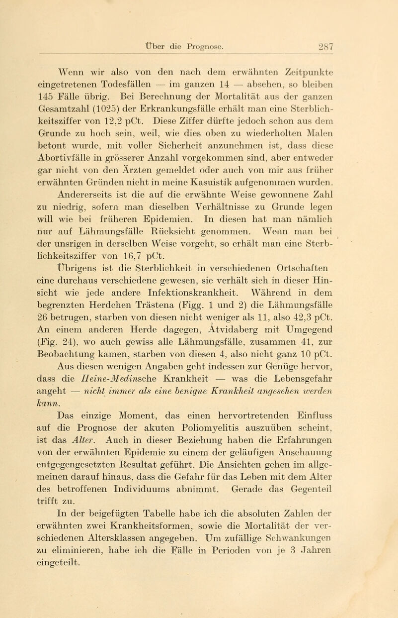 Wenn wir also von den nach dem erwähnten Zeitpunkte eingetretenen Todesfällen — im ganzen 14 — absehen, so bleiben 145 Fälle übrig. Bei Berechnung der Mortalität aus der ganzen Gesamtzahl (1025) der Erkrankungsfälle erhält man eine Sterblich- keitsziffer von 12,2 pCt. Diese Ziffer dürfte jedoch schon aus dem Grunde zu hoch sein, weil, wie dies oben zu wiederholten Malen betont wurde, mit voller Sicherheit anzunehmen ist, dass diese Abortivfälle in grösserer Anzahl vorgekommen sind, aber entweder gar nicht von den Ärzten gemeldet oder auch von mir aus früher erwähnten Gründen nicht in meine Kasuistik aufgenommen wurden. Andererseits ist die auf die erwähnte Weise gewonnene Zahl zu niedrig, sofern man dieselben Verhältnisse zu Grunde legen will wie bei früheren Epidemien. In diesen hat man nämlich nur auf Lähmungsfälle Rücksicht genommen. Wenn man bei der unsrigen in derselben Weise vorgeht, so erhält man eine Sterb- lichkeitsziffer von 16,7 pCt. Übrigens ist die Sterblichkeit in verschiedenen Ortschaften eine durchaus verschiedene gewesen, sie verhält sich in dieser Hin- sicht wie jede andere Infektionskrankheit. Während in dem begrenzten Herdchen Trästena (Figg. 1 und 2) die Lähmungsfälle 26 betrugen, starben von diesen nicht weniger als 11, also 42,3 pCt. An einem anderen Herde dagegen, Atvidaberg mit Umgegend (Fig. 24), wo auch gewiss alle Lähmungsfälle, zusammen 41, zur Beobachtung kamen, starben von diesen 4, also nicht ganz 10 pCt. Aus diesen wenigen Angaben geht indessen zur Genüge hervor, dass die Heine-Medinsche Krankheit — was die Lebensgefahr angeht — nicht immer als eine benigne Krankheit angesehen iverden kann. Das einzige Moment, das einen hervortretenden Einfluss auf die Prognose der akuten Poliomyelitis auszuüben scheint, ist das Alter. Auch in dieser Beziehung haben die Erfahrungen von der erwähnten Epidemie zu einem der geläufigen Anschauung entgegengesetzten Resultat geführt. Die Ansichten gehen im allge- meinen darauf hinaus, dass die Gefahr für das Leben mit dem Alter des betroffenen Individuums abnimmt. Gerade das Gegenteil trifft zu. In der beigefügten Tabelle habe ich die absoluten Zahlen der erwähnten zwei Krankheitsformen, sowie die Mortalität der ver- schiedenen Altersklassen angegeben. Um zufällige Schwankungen zu eliminieren, habe ich die Fälle in Perioden von je 3 Jahren eingeteilt.