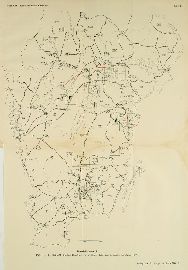 Übersichtskarte I. Fälle von der Heine-Mc.linHcbcn Krankheit im südlichen Teile vod Schweden im Jahre 1905.