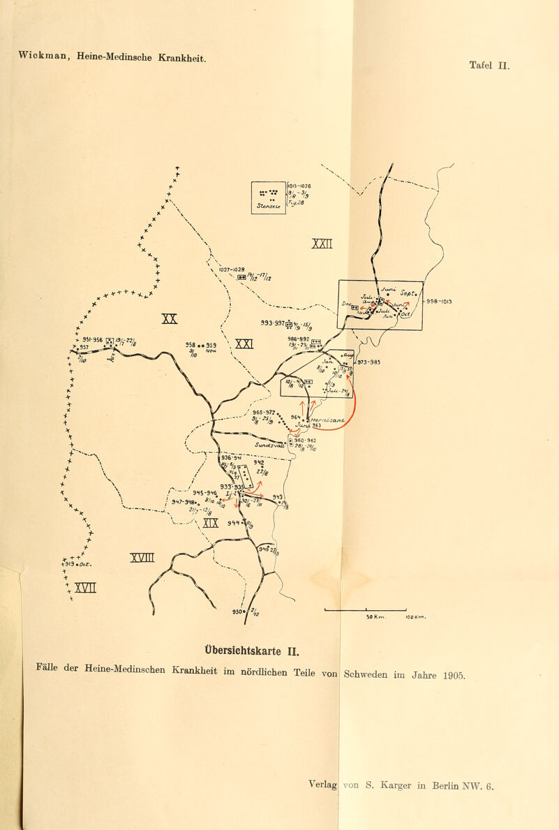 Tafel II. Übersichtskarte IL Fälle der Heine-Medinschen Krankheit im nördlichen Teile von Schweden im Jahre 1905. Verlag von S. Karger in Berlin NW. 6.