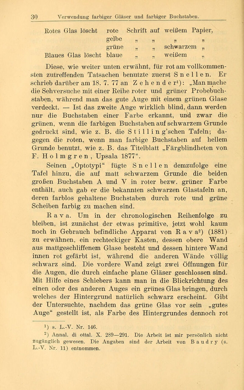 Rotes Grlas löscht rote Schrift auf weißem Papier, gelbe „ „ „ „ grüne „ „ schwarzem „ Blaues Glas löscht blaue „ „ weißem „ Diese, wie weiter unten, erwähnt, für rot am vollkommen- sten zutreffenden Tatsachen benutzte zuerst S n e 11 e n. Er schrieb darüber am 18. 7. 77 an Zehender1): „Manmache die Sehversuche mit einer Keihe roter und grüner Probebuch- staben, während man das gute Auge mit einem grünen Glase verdeckt. — Ist das zweite Auge wirklich blind, dann werden nur die Buchstaben einer Farbe erkannt, und zwar die grünen, wenn die farbigen Buchstaben auf schwarzem Grunde gedruckt sind, wie z. B. die S t i 11 i n g'sehen Tafeln; da- gegen die roten, wenn man farbige Buchstaben auf hellem Grunde benutzt, wie z. B. das Titelblatt „Färgblindheten von F. Holmgren, Upsala 1877. Seinen „Optotyp! fügte S n e 11 e n demzufolge eine Tafel hinzu, die auf matt schwarzem Grunde die beiden großen Buchstaben A und V in roter bezw. grüner Farbe enthält, auch gab er die bekannten schwarzen Glastafeln an, deren farblos gehaltene Buchstaben durch rote und grüne Scheiben farbig zu machen sind. Rava. Um in der chronologischen Reihenfolge zu bleiben, ist zunächst der etwas primitive, jetzt wohl kaum noch in Gebrauch befindliche Apparat von Rava2) (1881) zu erwähnen, ein rechteckiger Kasten, dessen obere Wand aus mattgeschliffenem Glase besteht und dessen hintere Wand innen rot gefärbt ist, während die anderen Wände völlig schwarz sind. Die vordere Wand zeigt zwei Öffnungen für die Augen, die durch einfache plane Gläser geschlossen sind. Mit Hilfe eines Schiebers kann man in die Blickrichtung des einen oder des anderen Auges ein grünes Glas bringen, durch welches der Hintergrund natürlich schwarz erscheint. Gibt der Untersuchte, nachdem das grüne Glas vor sein „gutes Auge gestellt ist, als Farbe des Hintergrundes dennoch rot !) s. L.-V. Nr. 146. 2) Annal. di ottal. X. 289—291. Die Arbeit ist mir persönlich nicht zugänglich gewesen. Die Angaben sind der Arbeit von Baudry (s. L.-V. Nr. 11) entnommen.