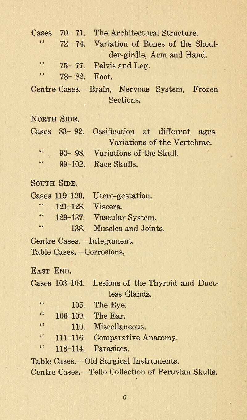 Cases 70- 71. The Architectural Structure. 72- 74. Variation of Bones of the Shoul- der-girdle, Arm and Hand. 75- 77. Pelvis and Leg. 78- 82. Foot. Centre Cases.— -Brain, Nervous System, Frozen Sections. North Side. Cases 83- 92. Ossification at different ages, Variations of the Vertebrae. 93- 98. Variations of the Skull. 99-102. Race Skulls. South Side. Cases 119-120. Utero-gestation.  121-128. Viscera.  129-137. Vascular System. 138. Muscles and Joints. Centre Cases.— -Integument. Table Cases.—Corrosions, East End. Cases 103-104. Lesions of the Thyroid and Duct- less Glands. 105. The Eye.  106-109. The Ear. 110. Miscellaneous.  111-116. Comparative Anatomy.  113-114. Parasites. Table Cases.—Old Surgical Instruments. Centre Cases.—Tello Collection of Peruvian Skulls.