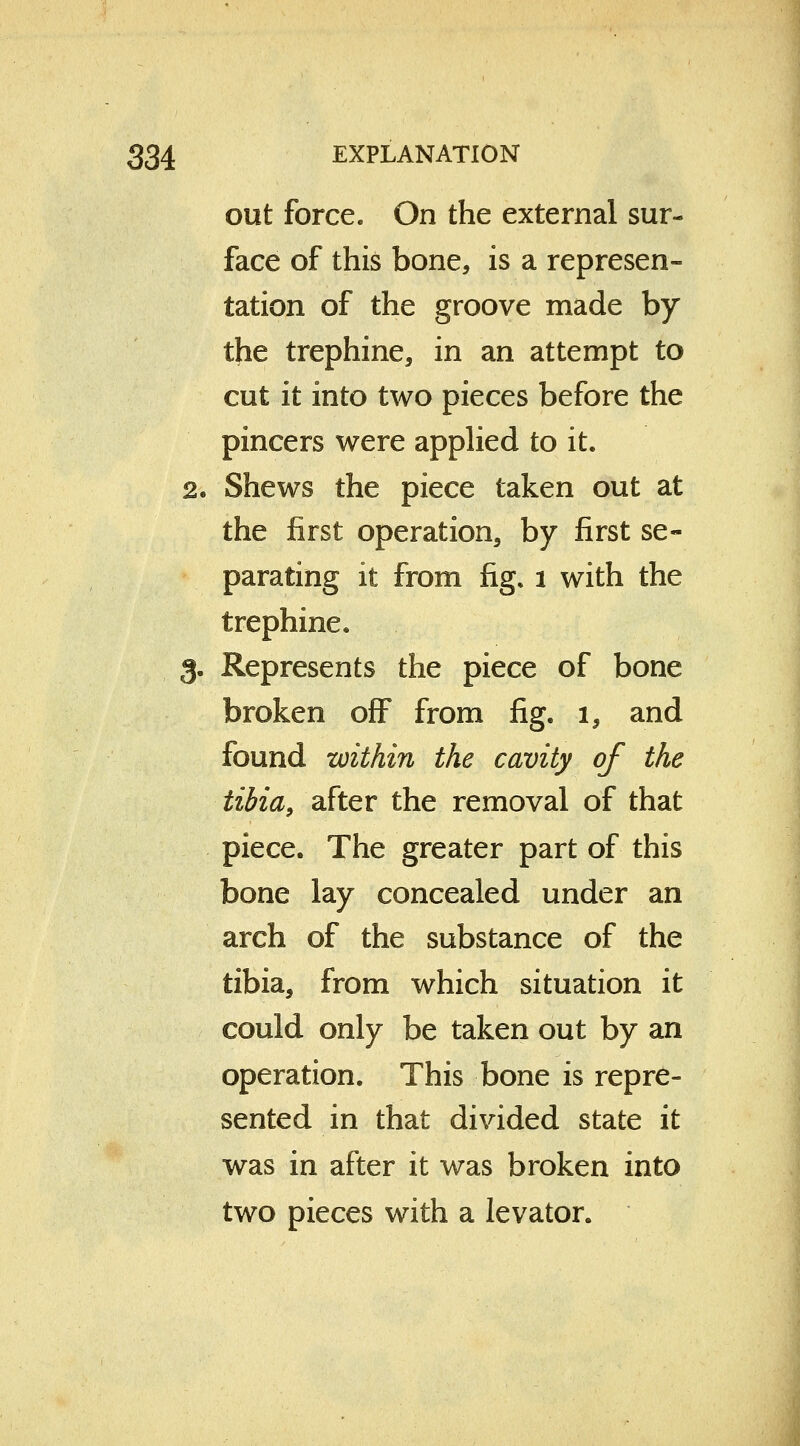 out force. On the external sur- face of this bone, is a represen- tation of the groove made by the trephine, in an attempt to cut it into two pieces before the pincers were applied to it. 2. Shews the piece taken out at the first operation, by first se- parating it from fig. i with the trephine. 3. Represents the piece of bone broken off from fig. 1, and found within the cavity of the tibia, after the removal of that piece. The greater part of this bone lay concealed under an arch of the substance of the tibia, from which situation it could only be taken out by an operation. This bone is repre- sented in that divided state it was in after it was broken into two pieces with a levator.