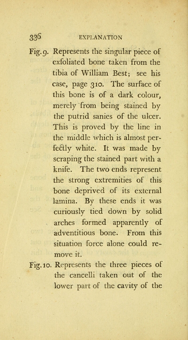 Fig. 9. Represents the singular piece of exfoliated bone taken from the tibia of William Best; see his case, page 310. The surface of this bone is of a dark colour, merely from being stained by the putrid sanies of the ulcer. This is proved by the line in the middle which is almost per- fefily white. It was made by scraping the stained part with a knife. The two ends represent the strong extremities of this bone deprived of its external lamina. By these ends it was curiously tied down by solid arches formed apparently of adventitious bone. From this situation force alone could re- move it. Fig. 10. Represents the three pieces of the cancelli taken out of the lower part of the cavity of the