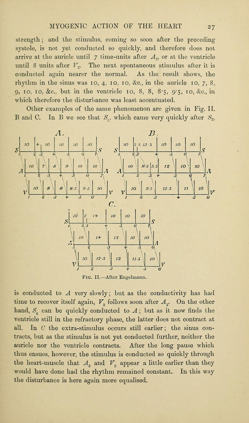 strength; and the stimiikis, coming so soon after the preceding systole, is not yet conducted so quickly, and therefore does not arrive at the auricle until 7 time-units after A.,, or at the ventricle until 8 units after Fo. The next spontaneous stimulus after it is conducted again nearer the normal. As the result shows, the rhythm in the sinus was 10, 4, 10, 10, &c., in the auricle 10, 7, 8, 9, 10, 10, &;c., but in the ventricle 10, 8, 8, 8*5, 9-5, 10, &c., in which therefore the disturbance was least accentuated. Other examples of the same phenomenon are given in Fig. II. B and C. In B we see that S.,, which came very quickly after 82, A B 10 ^1 w w 10 10 J: Z 3. ^- 3. G 7- s s 70 k-6 13 .i ]0 W lO 10 \ r- fi\ .9 \ 70 \ 70 \ A Z3. 4r s e 7\ Z 3. ->-. S. 6 ?•■ A A JO \ 8-5 5-5 12 \ 10 \ lO \ 10 \ 8 \ * \ ss. o-s'. 10 I Z 3. -i- 5 6 7. \ A V V 10 9-5 IS-5 77 ■: 10 1 Z 3 -H- 6 6 7 1 Z 3 c. V ■i- S 6 s 0 z 1 Ti- 70 0 10 9 i Z3 70 \ 1 '■ 7^ 3. 72 \ 0 10 \ 7 70 ^ 3. 6. V 70 \ 12 s \ 7Z \ 11 6 \ 10 \ 1 Z 3 -i- 3 G Fig. II.—After Engelmann. V is conducted to A very slowly; but as the conductivity has had time to recover itself again, Fg follows soon after A^. On the other hand, S^ can be quickly conducted to A; but as it now finds the ventricle still in the refractory phase, the latter does not contract at all. In C the extra-stimulus occurs still earlier; the sinus con- tracts, but as the stimulus is not yet conducted further, neither the auricle nor the ventricle contracts. After the long pause which thus ensues, however, the stimulus is conducted so quickly through the heart-muscle that A^ and Fg appear a little earlier than they would have done had the rhythm remained constant. In this way the disturbance is here again more equalised.