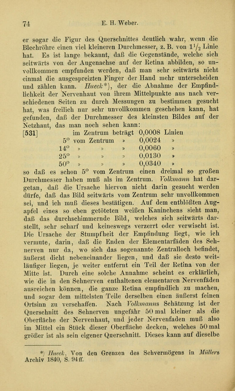 er sogar die Figur des Querschnittes deutlich wahr, wenn die Blechröhre eiuen viel kleineren Durchmesser, z. B. von l1/^ Linie hat. Es ist lange bekannt, daß die Gegenstände, welche sich seitwärts von der Äugenachse auf der Retina abbilden, so un- vollkommen empfunden werden, daß man sehr seitwärts nicht einmal die ausgespreizten Finger der Hand mehr unterscheiden und zählen kann. Hueck*), der die Abnahme der Empfind- lichkeit der Nervenhaut von ihrem Mittelpunkte aus nach ver- schiedenen Seiten zu durch Messungen zu bestimmen gesucht hat, was freilich nur sehr unvollkommen geschehen kann, hat gefunden, daß der Durchmesser des kleinsten Bildes auf der Netzhaut, das man noch sehen kann: [531] im Zentrum beträgt 0,0008 Linien 5° vom Zentrum » 0,0024 » 14° » » » 0,0060 » 25° » » » 0,0130 » 50° » » » 0,0340 » so daß es schon 5° vom Zentrum einen dreimal so großen Durchmesser haben muß als im Zentrum. Volkmann hat dar- getan, daß die Ursache hiervon nicht darin gesucht werden dürfe, daß das Bild seitwärts vom Zentrum sehr unvollkommen sei, und ich muß dieses bestätigen. Auf dem entblößten Aug- apfel eines so eben getöteten weißen Kaninchens sieht man, daß das durchschimmernde Bild, welches sich seitwärts dar- stellt, sehr scharf und keineswegs verzerrt oder verwischt ist. Die Ursache der Stumpfheit der Empfindung liegt, wie ich vermute, darin, daß die Enden der Elementarfäden des Seh- nerven nur da, wo sich das sogenannte Zentralloch befindet, äußerst dicht nebeneinander liegen, und daß sie desto weit- läufiger liegen, je weiter entfernt ein Teil der Retina von der Mitte ist. Durch eine solche Annahme scheint es erklärlich, wie die in den Sehnerven enthaltenen elementaren Nervenfäden ausreichen können, die ganze Retina empfindlich zu machen, und sogar dem mittelsten Teile derselben einen äußerst feinen Ortsinn zu verschaffen. Nach Vollem anm Schätzung ist der Querschnitt des Sehnerven ungefähr 50 mal kleiner als die Oberfläche der Nervenhaut, und jeder Nervenfaden muß also im Mittel ein Stück dieser Oberfläche decken, welches 50 mal größer ist als sein eigener Querschnitt. Dieses kann auf dieselbe *) Huech, Von den Grenzen des Sehvermögens in Müllers Archiv 1840, S. 94ff.