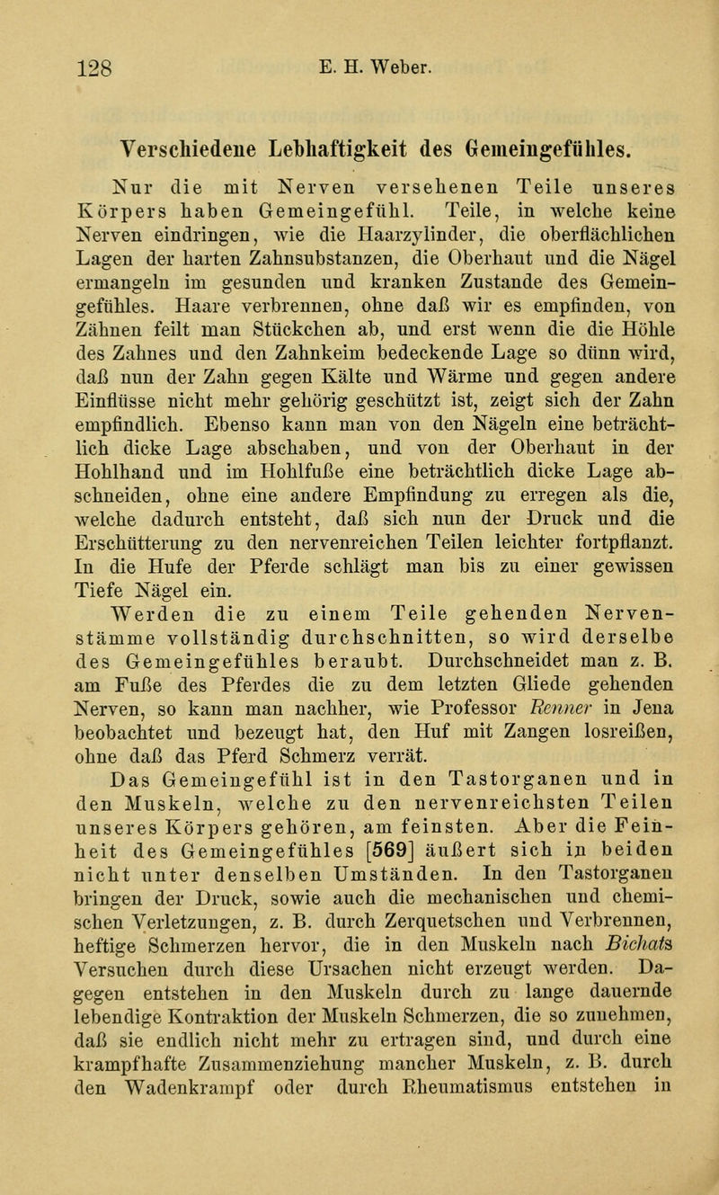 Verschiedene Lebhaftigkeit des Gemeiiigefühles. Nur die mit Nerven versehenen Teile unseres Körpers haben Gemeingefühl. Teile, in welche keine Nerven eindringen, wie die Haarzylinder, die oberflächlichen Lagen der harten Zahnsubstanzen, die Oberhaut und die Nägel ermangeln im gesunden und kranken Zustande des Gemein- gefühles. Haare verbrennen, ohne daß wir es empfinden, von Zähnen feilt man Stückchen ab, und erst wenn die die Höhle des Zahnes und den Zahnkeim bedeckende Lage so dünn wird, daß nun der Zahn gegen Kälte und Wärme und gegen andere Einflüsse nicht mehr gehörig geschützt ist, zeigt sich der Zahn empfindlich. Ebenso kann man von den Nägeln eine beträcht- lich dicke Lage abschaben, und von der Oberhaut in der Hohlhand und im Hohlfuße eine beträchtlich dicke Lage ab- schneiden, ohne eine andere Empfindung zu erregen als die, welche dadurch entsteht, daß sich nun der Druck und die Erschütterung zu den nervenreichen Teilen leichter fortpflanzt. In die Hufe der Pferde schlägt man bis zu einer gewissen Tiefe Nägel ein. Werden die zu einem Teile gehenden Nerven- stämme vollständig durchschnitten, so wird derselbe des Gemeingefühles beraubt. Durchschneidet man z. B. am Fuße des Pferdes die zu dem letzten Gliede gehenden Nerven, so kann man nachher, wie Professor Renner in Jena beobachtet und bezeugt hat, den Huf mit Zangen losreißen, ohne daß das Pferd Schmerz verrät. Das Gemeingefühl ist in den Tastorganen und in den Muskeln, welche zu den nervenreichsten Teilen unseres Körpers gehören, am feinsten. Aber die Fein- heit des Gemeingefühles [569] äußert sich in beiden nicht unter denselben Umständen. In den Tastorganen bringen der Druck, sowie auch die mechanischen und chemi- schen Verletzungen, z. B. durch Zerquetschen und Verbrennen, heftige Schmerzen hervor, die in den Muskeln nach Bichats Versuchen durch diese Ursachen nicht erzeugt werden. Da- gegen entstehen in den Muskeln durch zu lange dauernde lebendige Kontraktion der Muskeln Schmerzen, die so zunehmen, daß sie endlich nicht mehr zu ertragen sind, und durch eine krampfhafte Zusammenziehung mancher Muskeln, z. B. durch den Wadenkrampf oder durch Rheumatismus entstehen in