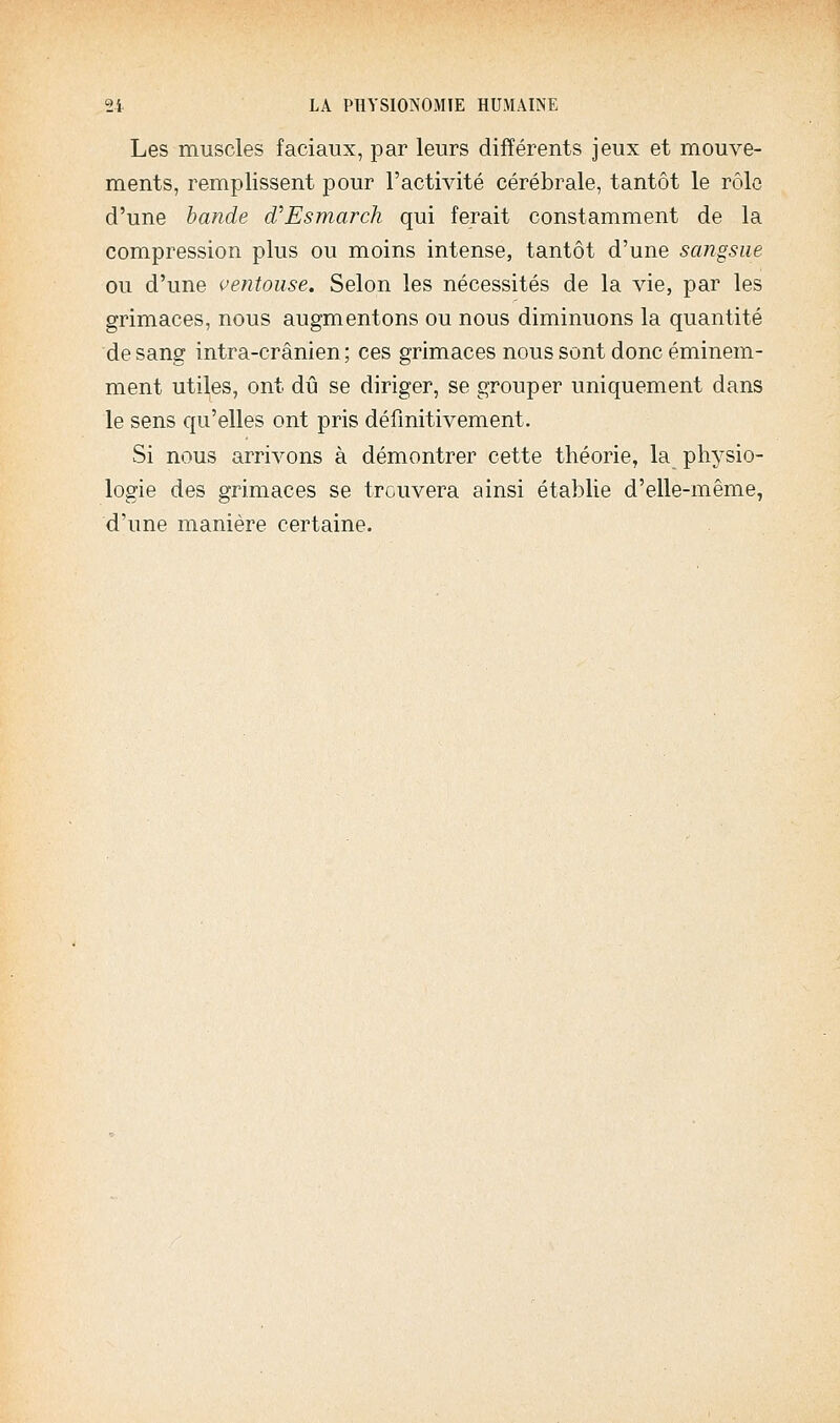 Les muscles faciaux, par leurs différents jeux et mouve- ments, remplissent pour l'activité cérébrale, tantôt le rôle d'une hande d'Esmarch qui ferait constamment de la compression plus ou moins intense, tantôt d'une sangsue ou d'une veiitouse. Selon les nécessités de la vie, par les grimaces, nous augmentons ou nous diminuons la quantité de sang intra-crânien ; ces grimaces nous sont donc éminem- ment utiles, ont dû se diriger, se grouper uniquement dans le sens qu'elles ont pris définitivement. Si nous arrivons à démontrer cette théorie, la physio- logie des grimaces se trouvera ainsi établie d'elle-même, d'une manière certaine.