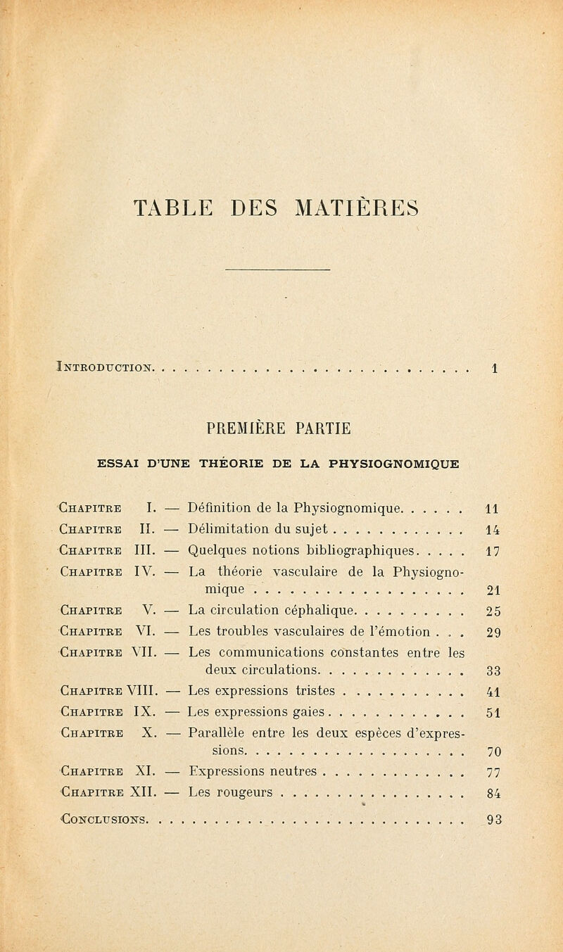 TABLE DES MATIÈRES Introduction. 1 PREMIÈRE PARTIE ESSAI D'UNE THÉORIE DE LA PHYSIOGNOMIQUE Chapitre I. — Définition de la Physiognomique 11 Chapitre II. — Délimitation du sujet 14 Chapitre III. — Quelques notions bibliographiques 17 Chapitre IV. — La théorie vasculaire de la Physiogno- mique 21 Chapitre V. — La circulation céphalique 25 Chapitre VI. — Les troubles vasculaires de l'émotion ... 29 Chapitre VIL — Les communications constantes entre les deux circulations 33 Chapitre VIII. — Les expressions tristes 41 Chapitre IX. — Les expressions gaies 51 Chapitre X. — Parallèle entre les deux espèces d'expres- sions 70 Chapitre XL — Expressions neutres 77 Chapitre XII. — Les rougeurs 84 Conclusions 93