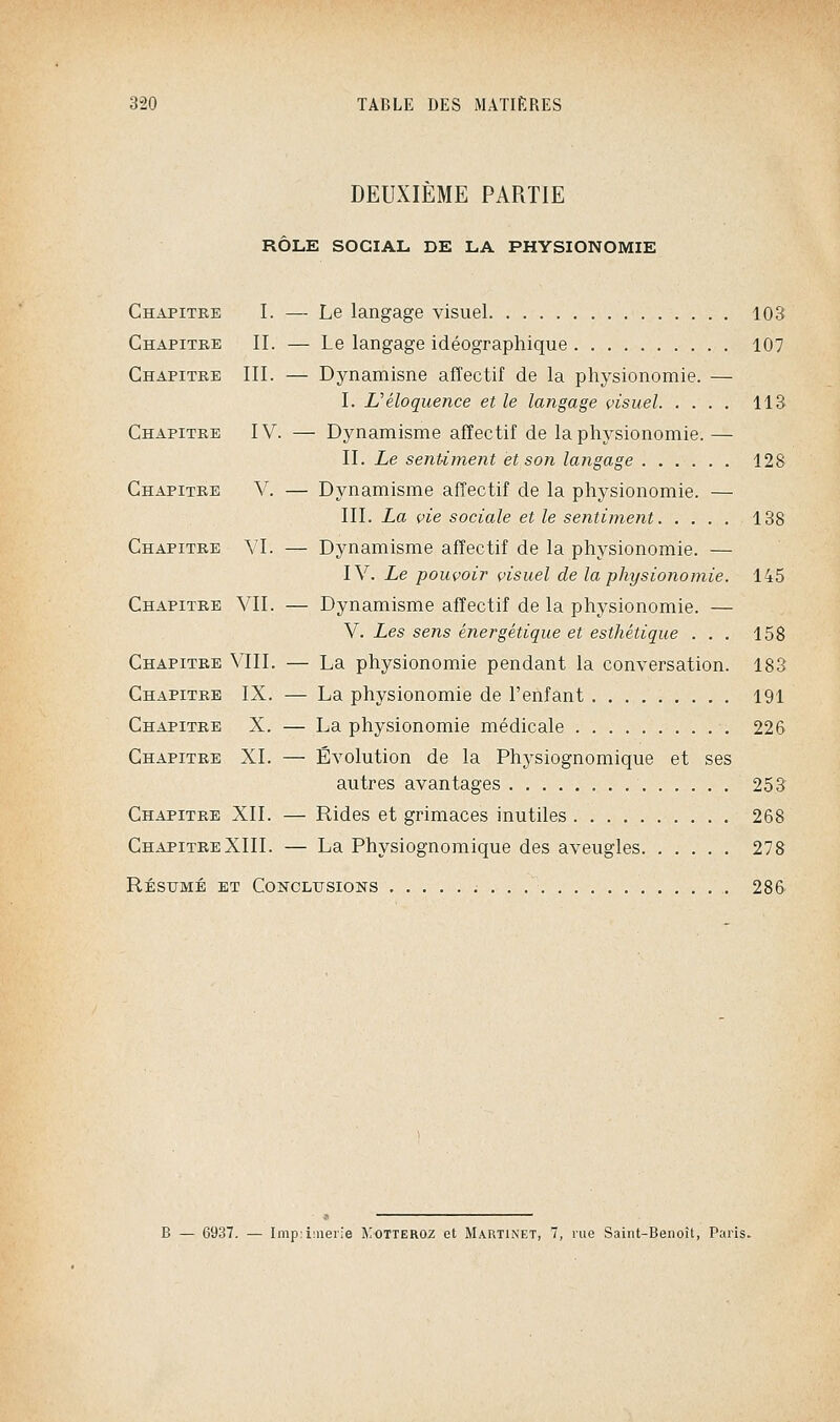 DEUXIEME PARTIE RÔLE SOCIAL DE LA PHYSIONOMIE Chapitre I. — Le langage visuel 103 Chapitre II. — Le langage idéographique 107 Chapitre III. — Dynamisne affectif de la physionomie. — I. Uéloquence et le langage visuel 113 Chapitre IV. — Dynamisme affectif de la phj^sionomie. — II. Le sentiment et son langage 128 Chapitre V. — Dynamisme affectif de la physionomie. — m. La vie sociale et le sentiment 138 Chapitre VI. — Dynamisme affectif de la physionomie. — IV. Le pouvoir visuel de la physionomie. 145 Chapitre VIL — Dynamisme affectif de la physionomie. — V. Les sens énergétique et esthétique ... 158 Chapitre VIII. — La physionomie pendant la conversation. 183 Chapitre IX. — La physionomie de l'enfant 191 Chapitre X. — La physionomie médicale 226 Chapitre XL — Évolution de la Physiognomique et ses autres avantages 253 Chapitre XII. — Rides et grimaces inutiles 268 ChapitreXIII. — La Physiognomique des aveugles 278 Résumé et Conclusions , 286 B — 6937. — Imp:iuierie L'ottero^ et Martinet, 7, rue Saint-Benoît, Paris.