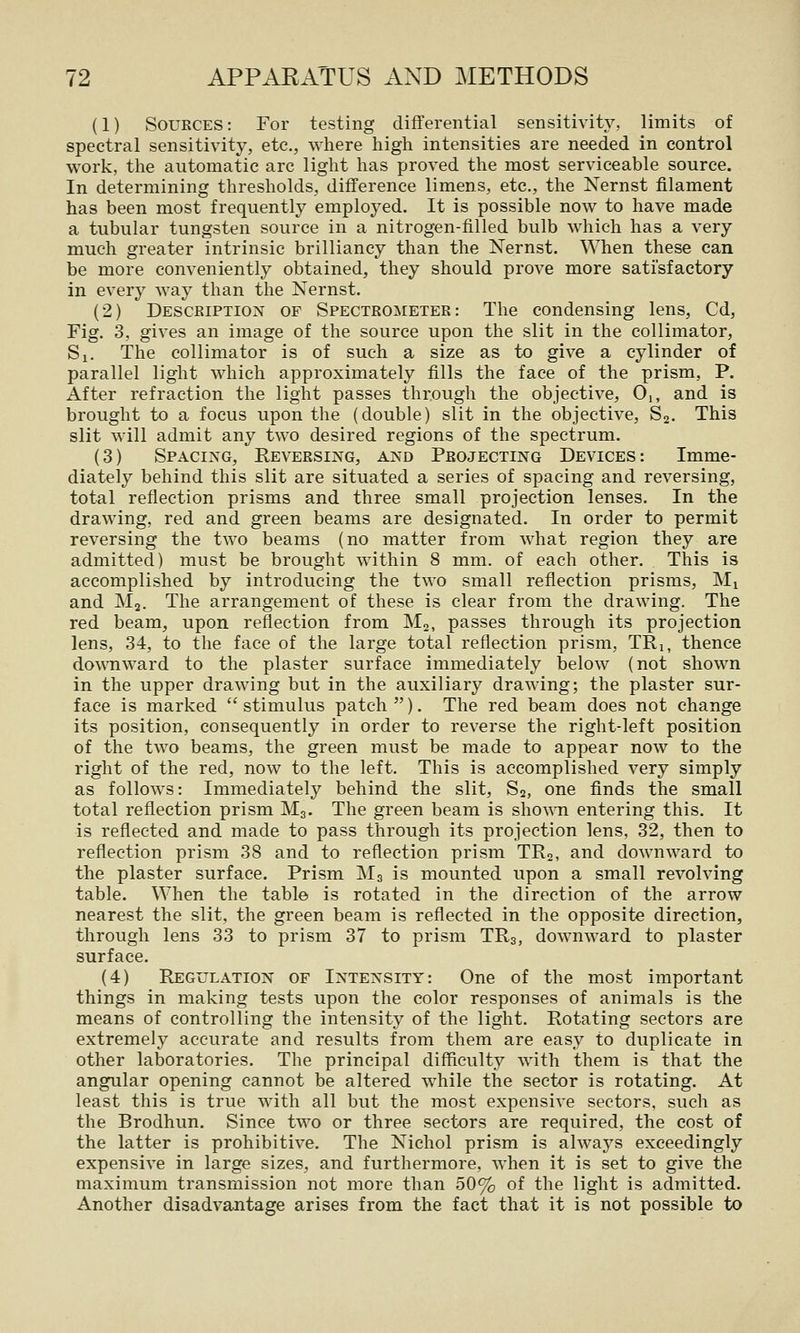 (1) Sources : For testing differential sensitivity, limits of spectral sensitivity, etc., where high intensities are needed in control work, the automatic arc light has proved the most serviceable source. In determining thresholds, difference limens, etc., the Nernst filament has been most frequently employed. It is possible now to have made a tubular tungsten source in a nitrogen-filled bulb which has a very much greater intrinsic brilliancy than the Nernst. When these can be more conveniently obtained, they should prove more satisfactory in every way than the Nernst. (2) Desckiption of Spectrometer: The condensing lens, Cd, Fig. 3, gives an image of the source upon the slit in the collimator, Si. The collimator is of such a size as to give a cylinder of parallel light which approximately fills the face of the prism, P. After refraction the light passes through the objective, Oi, and is brought to a focus upon the (double) slit in the objective, Sj. This slit will admit any two desired regions of the spectrum. (3) Spacing, Eeversing, and Projecting Devices: Imme- diately behind this slit are situated a series of spacing and reversing, total reflection prisms and three small projection lenses. In the drawing, red and green beams are designated. In order to permit reversing the two beams (no matter from what region they are admitted) must be brought within 8 mm. of each other. This is accomplished by introducing the two small reflection prisms, Mi and Ma. The arrangement of these is clear from the drawing. The red beam, upon reflection from Ma, passes through its projection lens, 34, to the face of the large total reflection prism, TRi, thence doAvnward to the plaster surface immediately below (not shown in the upper drawing but in the auxiliary drawing; the plaster sur- face is marked  stimulus patch ). The red beam does not change its position, consequently in order to reverse the right-left position of the two beams, the green must be made to appear now to the right of the red, now to the left. This is accomplished very simply as follows: Immediately behind the slit, Sa, one finds the small total reflection prism M3. The green beam is shown entering this. It is reflected and made to pass through its projection lens, 32, then to reflection prism 38 and to reflection prism TRo, and downward to the plaster surface. Prism M3 is mounted upon a small revolving table. When the table is rotated in the direction of the arrow nearest the slit, the green beam is reflected in the opposite direction, through lens 33 to prism 37 to prism TR3, downward to plaster surface. (4) Regulation of Intensity: One of the most important things in making tests upon the color responses of animals is the means of controlling the intensity of the light. Rotating sectors are extremely accurate and results from them are easy to duplicate in other laboratories. The principal difficulty with them is that the angular opening cannot be altered while the sector is rotating. At least this is true with all but the most expensive sectors, such as the Brodhun. Since two or three sectors are required, the cost of the latter is prohibitive. The Nichol prism is always exceedingly expensive in large sizes, and furthermore, when it is set to give the maximum transmission not more than 50% of the light is admitted. Another disadvantage arises from the fact that it is not possible to