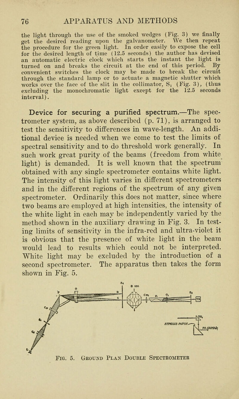the light through the use of the smoked wedges (Fig. 3) we finally get the desired reading upon the galvanometer. We then repeat the procedure for the green light. In order easily to expose the cell for the desired length of time (12.5 seconds) the author has devised an automatic electric clock which starts the instant the light is turned on and breaks the circuit at the end of this period. By convenient switches the clock may be made to break the circuit through the standard lamp or to actuate a magnetic shutter which works over the face of the slit in the collimator, Si (Fig. 3), (thus excluding the monochromatic light except for the 12.5 seconds interval). Device for securing a purified spectrum.—The spec- trometer system, as above described (p. 71), is arranged to test the sensitivity to differences in wave-length. An addi- tional device is needed when we come to test the limits of spectral sensitivity and to do threshold work generally. In such work great purity of the beams (freedom from white light) is demanded. It is well known that the spectrum obtained with any single spectrometer contains white light. The intensity of this light varies in different spectrometers and in the different regions of the spectrum of any given spectrometer. Ordinarily this does not matter, since where two beams are employed at high intensities, the intensity of the white light in each may be independently varied by the method shown in the auxiliary drawing in Fig. 3. In test- ing limits of sensitivity in the infra-red and ultra-violet it is obvious that the presence of white light in the beam would lead to results which could not be interpreted. White light may be excluded by the introduction of a second spectrometer. The apparatus then takes the form shown in Fig. 5. 8 SEC ^ -^ STimiVS PATCH . TOANlMAli Fig. 5. Ground Plan Double Spectrometer