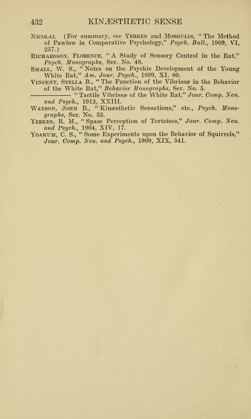 NicoLAi. (For summary, see Yerkes and Morgulis,  The Method of Pawlow in Comparative Psychology, Psych. Bull., 1909, VI, 257.) EiCHARDSON, Florence,  A Study of Sensory Control in the Rat, Psych. Monographs, Ser. No. 48. Small, W. S.,  Notes on the Psychic Development of the Young Wliite Rat, Am. Jour. Psych., 1899, XI, 80. Vincent, Stella B.,  The Function of the Vibrissse in the Behavior of the White Rat, Beh(wior Monographs, Ser. No. 5.  Tactile Vibrissae of the White Rat, Jour. Comp. Neu. and Psych., 1913, XXIII. Watson, John B.,  Kinsesthetic Sensations, etc.. Psych. Mono- graphs, Ser. No. 33. Yerkes, R. M.,  Space Perception of Tortoises, Jour. Comp. Neu. and Psych., 1904, XIV, 17. Yoakum, C. S.,  Some Experiments upon the Behavior of Squirrels, Jour. Comp. Neu. and Psych., 1909, XIX, 541.