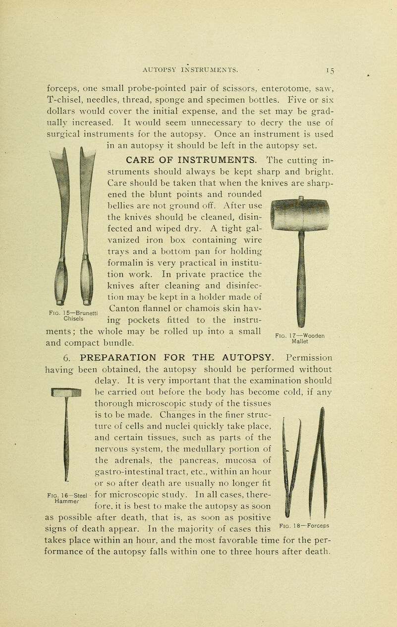 forceps, one small probe-pointed pair of scissors, enterotome, saw, T-chisel, needles, thread, sponge and specimen bottles. Five or six dollars would cover the initial expense, and the set may be grad- ually increased. It would seem unnecessary to decry the use of surgical instruments for the autopsy. Once an instrument is used in an autopsy it should be left in the autopsy set. CARE OF INSTRUMENTS. The cutting in- struments should always be kept sharp and bright. Care should be taken that when the knives are sharp- ened the blunt points and rounded bellies are not ground off. After use the knives should be cleaned, disin- fected and wiped dry. A tight gal- vanized iron box containing wire trays and a bottom pan for holding formalin is very practical in institu- tion work. In private practice the knives after cleaning and disinfec- tion may be kept in a holder made of Canton flannel or chamois skin hav- ing pockets fitted to the instru- ments ; the whole may be rolled up into a small and compact bundle. 6. PREPARATION FOR THE AUTOPSY. Permission having been obtained, the autopsy should be performed without delay. It is very important that the examination should be carried out before the body has become cold, if any thorough microscopic study of the tissues is to be made. Changes in the finer struc- ture of cells and nuclei quickly take place, and certain tissues, such as parts of the nervous system, the medullary portion of the adrenals, the pancreas, mucosa of gastro-intestinal tract, etc., within an hour or so after death are usually no longer fit for microscopic study. In all cases, there- fore, it is best to make the autopsy as soon as possible -after death, that is, as soon as positive signs of death appear. In -the majority of cases this takes place within an hour, and the most favorable time for the per- formance of the autopsy falls within one to three hours after death. Fig. 15—Brunetti Chisels Fig. 17—Wooden Mallet r Fig. 16—Steel Hammer Fig. 18—Forceps