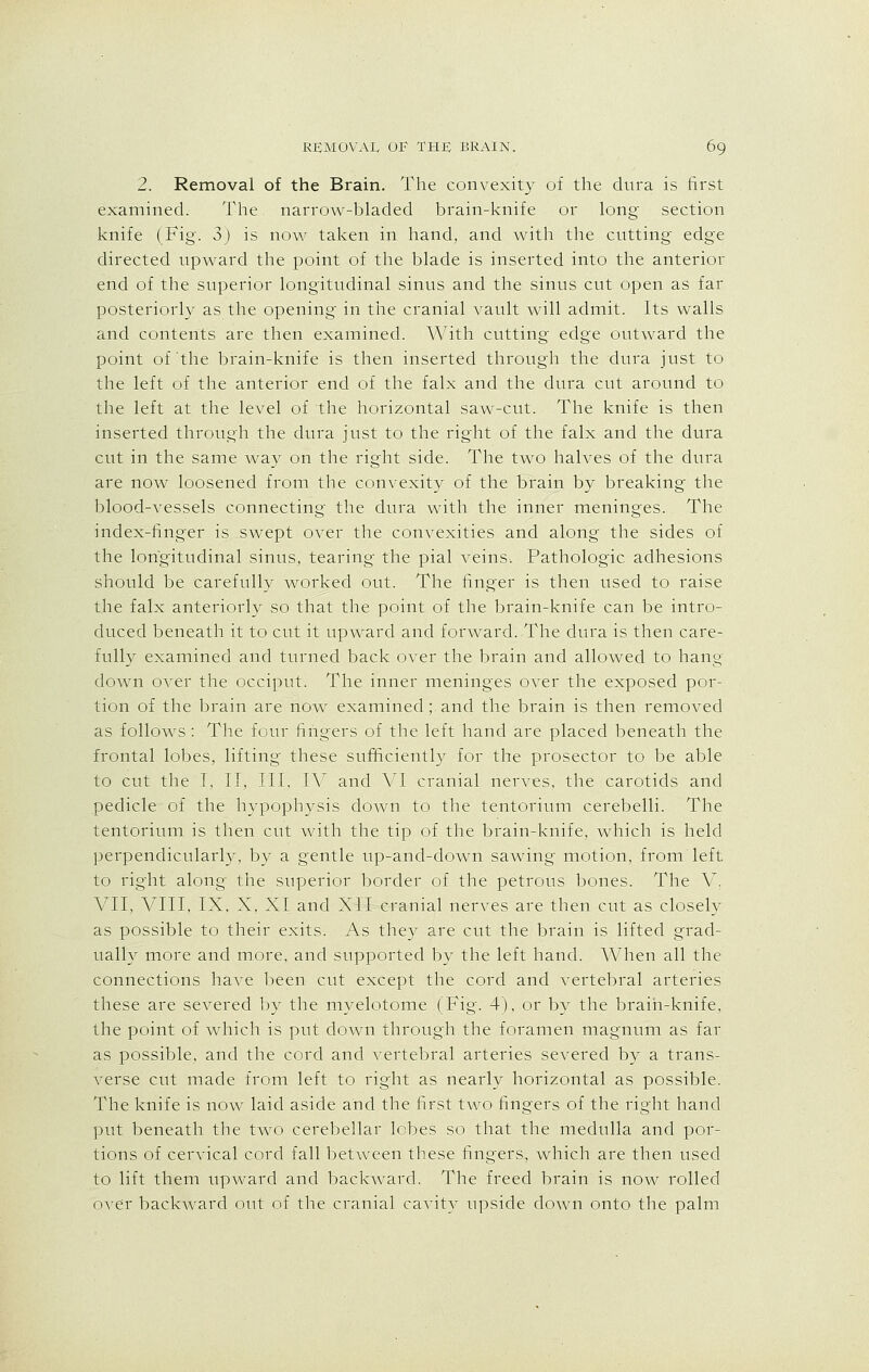 2. Removal of the Brain. The convexity of the dura is first examined. The narrow-bladed brain-knife or long section knife (Fig- 3) is now taken in hand, and with the cutting edge directed upward the point of the blade is inserted into the anterior end of the superior longitudinal sinus and the sinus cut open as far posteriorly as the opening in the cranial vault will admit. Its walls and contents are then examined. With cutting edge outward the point of the brain-knife is then inserted through the dura just to the left of the anterior end of the falx and the dura cut around to the left at the level of the horizontal saw-cut. The knife is then inserted through the dura just to the right of the falx and the dura cut in the same way on the right side. The two halves of the dura are now loosened from the convexity of the brain by breaking the blood-vessels connecting the dura with the inner meninges. The index-finger is swept over the convexities and along the sides of the longitudinal sinus, tearing the pial veins. Pathologic adhesions should be carefully worked out. The finger is then used to raise the falx anteriorly so that the point of the brain-knife can be intro- duced beneath it to cut it upward and forward. The dura is then care- fully examined and turned back over the brain and allowed to hang down over the occiput. The inner meninges over the exposed por- tion of the brain are now examined; and the brain is then removed as follows: The four fingers of the left hand are placed beneath the frontal lobes, lifting these sufficiently for the prosector to be able to cut the I, II, III, IV and VI cranial nerves, the carotids and pedicle of the hypophysis down to the tentorium cerebelli. The tentorium is then cut with the tip of the brain-knife, which is held perpendicularly, by a gentle up-and-down sawing motion, from left to right along the superior border of the petrous bones. The V. VII, VIII, IX, X, XI and XII cranial nerves are then cut as closely as possible to their exits. As they are cut the brain is lifted grad- ually more and more, and supported by the left hand. When all the connections have been cut except the cord and vertebral arteries these are severed by the myelotome (Fig. 4), or by the brain-knife, the point of which is put down through the foramen, magnum as far as possible, and the cord and vertebral arteries severed by a trans- verse cut made from left to right as nearly horizontal as possible. The knife is now laid aside and the first two fingers of the right hand put beneath the two cerebellar lobes so that the medulla and por- tions of cervical cord fall between these fingers, which are then used to lift them upward and backward. The freed brain is now rolled over backward out of the cranial cavity upside down onto the palm