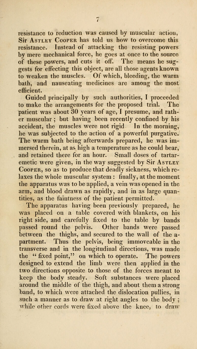 resistance to reduction was caused by muscular action, Sir AsTLEY Cooper has told us how to overcome this resistance. Instead of attacking the resisting powers by mere mechanical force, he goes at once to the source of these powers, and cuts it off. The means he sug- gests for effecting this object, are all those agents known to weaken the muscles. Of which, bleeding, the warm bath, and nauseating medicines are among the most efficient. Guided principally by such authorities, I proceeded to make the arrangements for the proposed trial. The patient was about 30 years of age, I presume, and rath- er muscular ; but having been recently confined by his accident, the muscles were not rigid In the morning, he was subjected to the action of a powerful purgative. The warm bath being afterwards prepared, he was im- mersed therein, at as high a temperature as he could bear, and retained there for an hour. Small doses of tartar- emetic were given, in the way suggested by Sir Astley Cooper, so as to produce that deadly sickness, which re- laxes the whole muscular system : finally, at the moment the apparatus was to be applied, a vein was opened in the arm, and blood drawn as rapidly, and in as large quan- tities, as the faintness of the patient permitted. The apparatus having been previously prepared, he was placed on a table covered with blankets, on his right side, and carefully fixed to the table by bands passed round the pelvis. Other bands were passed between the thighs, and secured to the wall of the a- partment. Thus the pelvis, being immoveable in the transverse and in the longitudinal directions, was made the *' fixed point, on which to operate. The powers designed to extend the limb were then applied in the two directions opposite to those of the forces meant to keep the body steady. Soft substances were placed around the middle of the thigh, and about them a strong band, to which were attached the dislocation puliies, in such a manner as to draw at right angles to the body ; while other cords were fixed above the knee, to draw