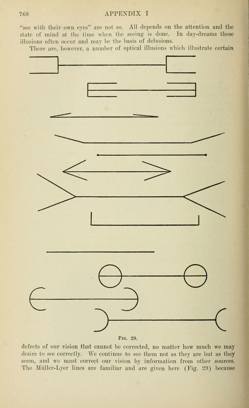 see with their own eyes are not so. All depends on the attention and the state of mind at the time when the seeing is done. In day-dreams these illusions often occur and may be the basis of delusions. There arc. however, a number of optical illusions which illustrate certain e c Fig. 29. defects of our vision that cannot be corrected, no matter how much we may desire to see correctly. We continue to see them not as they are but as they seem, and we must correct our vision by information from other sources. The Muller-Lyer lines are familiar and are given here (Fig. 29) because