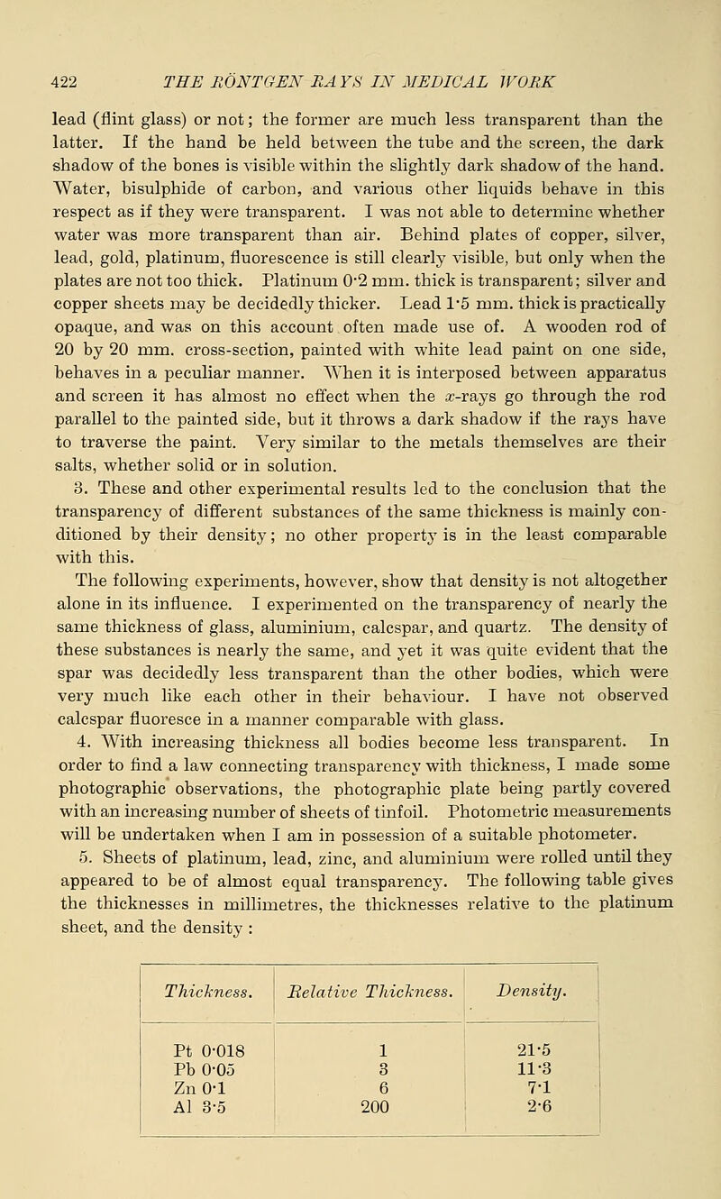 lead (flint glass) or not; the former are much less transparent than the latter. If the hand be held between the tube and the screen, the dark shadow of the bones is visible within the slightty dark shadow of the hand. Water, bisulphide of carbon, and various other liquids behave in this respect as if they were transparent. I was not able to determine whether water was more transparent than air. Behind plates of copper, silver, lead, gold, platinum, fluorescence is still clearly visible, but only when the plates are not too thick. Platinum 0*2 mm. thick is transparent; silver and copper sheets may be decidedly thicker. Lead 1*5 mm. thick is practically opaque, and was on this account often made use of. A wooden rod of 20 by 20 mm. cross-section, painted with white lead paint on one side, behaves in a peculiar manner. When it is interposed between apparatus and screen it has almost no effect when the a>rays go through the rod parallel to the painted side, but it throws a dark shadow if the rays have to traverse the paint. Very similar to the metals themselves are their salts, whether solid or in solution. 3. These and other experimental results led to the conclusion that the transparency of different substances of the same thickness is mainly con- ditioned by their density; no other property is in the least comparable with this. The following experiments, however, show that density is not altogether alone in its influence. I experimented on the transparency of nearly the same thickness of glass, aluminium, calcspar, and quartz. The density of these substances is nearly the same, and yet it was quite evident that the spar was decidedly less transparent than the other bodies, which were very much like each other in their behaviour. I have not observed calcspar fluoresce in a manner comparable with glass. 4. With increasing thickness all bodies become less transparent. In order to find a law connecting transparency with thickness, I made some photographic observations, the photographic plate being partly covered with an increasing number of sheets of tinfoil. Photometric measurements will be undertaken when I am in possession of a suitable photometer. 5. Sheets of platinum, lead, zinc, and aluminium were rolled until they appeared to be of almost equal transparency. The following table gives the thicknesses in millimetres, the thicknesses relative to the platinum sheet, and the density : Thickness. Belative Thickness. Density. Pt 0-018 Pb 0-05 Zn 0-1 Al 3-5 1 3 6 200 21-5 11-3 7-1 2-6