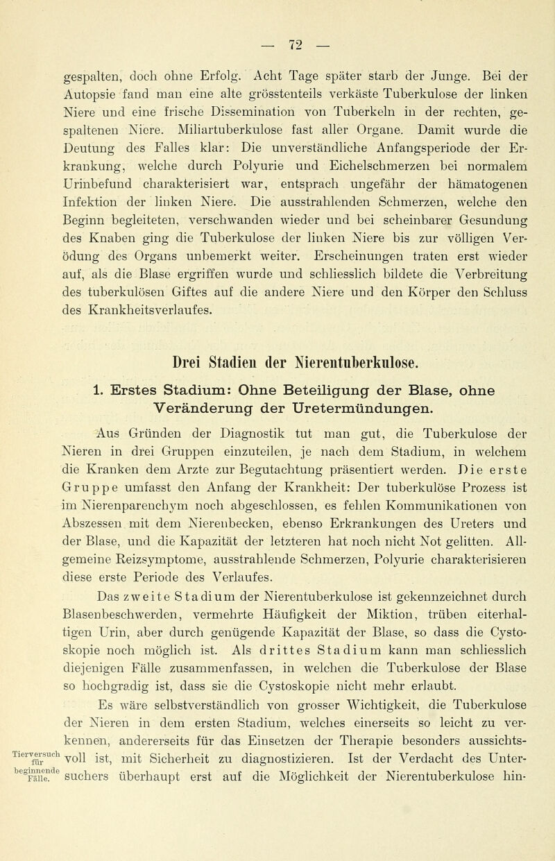 gespalten, doch ohne Erfolg. Acht Tage später starb der Junge. Bei der Autopsie fand man eine alte grösstenteils verkäste Tuberkulose der linken Niere und eine frische Dissemination von Tuberkeln in der rechten, ge- spaltenen Niere. Miliartuberkulose fast aller Organe. Damit wurde die Deutung des Falles klar: Die unverständliche Anfangsperiode der Er- krankung, welche durch Polyurie und Eichelschmerzen bei normalem Urinbefund charakterisiert war, entsprach ungefähr der hämatogenen Infektion der linken Niere. Die ausstrahlenden Schmerzen, welche den Beginn begleiteten, verschwanden wieder und bei scheinbarer Gesundung des Knaben ging die Tuberkulose der linken Niere bis zur völligen Ver- ödung des Organs unbemerkt weiter. Erscheinungen traten erst wieder auf, als die Blase ergriffen wurde und schliesslich bildete die Verbreitung des tuberkulösen Giftes auf die andere Niere und den Körper den Schluss des Krankheitsverlaufes. Drei Stadien der Nierentuberkulose. 1. Erstes Stadium: Ohne Beteiligung der Blase, ohne Veränderung der Uretermündungen. Aus Gründen der Diagnostik tut man gut, die Tuberkulose der Nieren in drei Gruppen einzuteilen, je nach dem Stadium, in welchem die Kranken dem Arzte zur Begutachtung präsentiert werden. Die erste Gruppe umfasst den Anfang der Krankheit: Der tuberkulöse Prozess ist im Nierenparenchym noch abgeschlossen, es fehlen Kommunikationen von Abszessen mit dem Nierenbecken, ebenso Erkrankungen des Ureters und der Blase, und die Kapazität der letzteren hat noch nicht Not gelitten. All- gemeine Reizsymptome, ausstrahlende Schmerzen, Polyurie charakterisieren diese erste Periode des Verlaufes. Das zweite Stadium der Nierentuberkulose ist gekennzeichnet durch Blasenbeschwerden, vermehrte Häufigkeit der Miktion, trüben eiterhal- tigen Urin, aber durch genügende Kapazität der Blase, so dass die Cysto- skopie noch möglich ist. Als drittes Stadium kann man schliesslich diejenigen Fälle zusammenfassen, in welchen die Tuberkulose der Blase so hochgradig ist, dass sie die Cystoskopie nicht mehr erlaubt. Es wäre selbstverständlich von grosser Wichtigkeit, die Tuberkulose der Nieren in dem ersten Stadium, welches einerseits so leicht zu ver- kennen, andererseits für das Einsetzen der Therapie besonders aussichts- TiervCTsuch vojj -g^ m^ Sicherheit zu diagnostizieren. Ist der Verdacht des Unter- egFäiien e Suchers überhaupt erst auf die Möglichkeit der Nieren tuberkulöse hin-