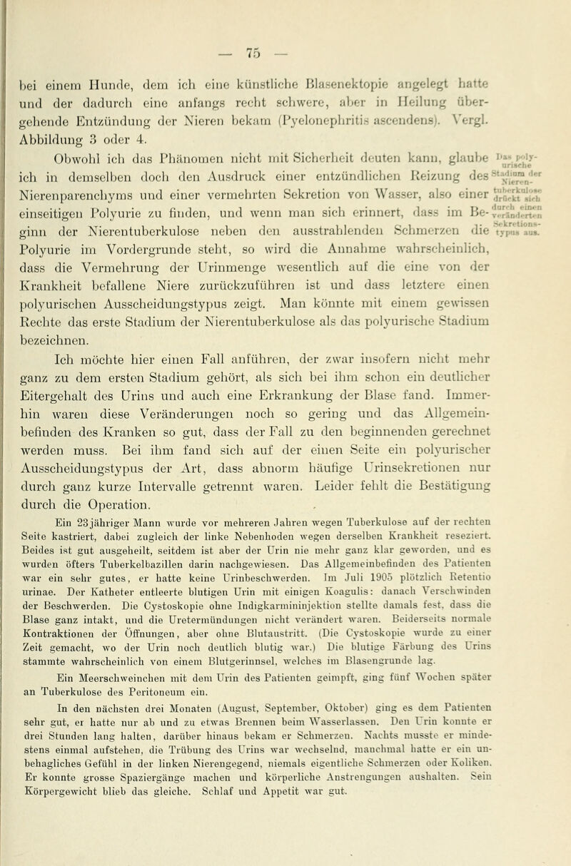 bei einem Hunde, dem ich eine künstliche Blasenektopie angelegt tu und der dadurch eine anfangs recht schwere, aber in Beilung über- gehende Entzündung der Nieren bekam (Pyelonephritie ascendens . VergL Abbildung 3 oder 4. Obwohl ich das Phänomen nicht mit Sich'-rlieit deuten kann, glaube ich in demselben doch den Ausdraek einer entzündlichen Reizung des St:^™n'_le Nierenparenchyms und einer vermehrten Sekretion von Wasser, also einer £55*22? einseitigen Polyurie zu finden, und wenn man sich erinnert, dass im Be-Tü£nderi ginn der Nierentuberkulose neben den ausstrahlenden Schm<-rz<-n die Polyurie im Vordergrunde steht, so wird die Annahme wahrscheinlich, dass die Vermehrung der Urinmenge wesentlich auf die eine von der Krankheit befallene Niere zurückzuführen ist und dass letztere einen polyurischen Ausscheidungstypus zeigt. Man könnte mit einem gewissen Rechte das erste Stadium der Nierentuberkulose als das polyurische Stadium bezeichnen. Ich möchte hier einen Fall anführen, der zwar insofern nicht mehr ganz zu dem ersten Stadium gehört, als sich bei ihm schon ein deutlicher Eitergehalt des Urins und auch eine Erkrankung der Blase fand. Immer- hin waren diese Veränderungen noch so gering und das Allgemein- befinden des Kranken so gut, dass der Fall zu den beginnenden gerechnet werden muss. Bei ihm fand sich auf der einen Seite ein polyurischer Ausscheidungstypus der Art, dass abnorm häufige Urinsekretionen nur durch ganz kurze Intervalle getrennt waren. Leider fehlt die Bestätigung durch die Operation. Ein 23 jähriger Mann wurde vor mehreren Jahren wegen Tuberkulose auf der rechten Seite kastriert, dabei zugleich der linke Nebenhoden wegen derselben Krankheit reseziert. Beides ist gut ausgeheilt, seitdem ist aber der Urin nie mehr ganz klar geworden, und es wurden öfters Tuberkelbazillen darin nachgewiesen. Das Allgemeinbefinden des Patienten war ein sehr gutes, er hatte keine Urinbeschwerden. Im Juli 1905 plötzlich Retentio urinae. Der Katheter entleerte blutigen Urin mit einigen Koagulis: danach Verschwinden der Beschwerden. Die Cystoskopie ohne Indigkarmininjektion stellte damals fest, dass die Blase ganz intakt, und die Uretermündungen nicht verändert waren. Beiderseits normale Kontraktionen der Öffnungen, aber ohne Blutaustritt. (Die Cystoskopie wurde zu einer Zeit gemacht, avo der Urin noch deutlich blutig war.) Die blutige Färbung des Urins stammte wahrscheinlich von einem Blutgerinnsel, welches im Blasengrunde lag. Ein Meerschweinchen mit dem Urin des Patienten geimpft, ging fünf Wochen später an Tuberkulose des Peritoneum ein. In den nächsten drei Monaten (August, September, Oktober) ging es dem Patienten sehr gut, er hatte nur ab und zu etwas Brennen beim Wasserlassen. Den Urin konnte er drei Stunden lang halten, darüber hinaus bekam er Schmerzen. Nachts musste er minde- stens einmal aufstehen, die Trübung des Urins war wechselnd, manchmal hatte er ein un- behagliches Gefühl in der linken Nierengegend, niemals eigentliche Schmerzen oder Koliken. Er konnte grosse Spaziergänge machen und körperliche Anstrengungen aushalten. Sein Körpergewicht blieb das gleiche. Schlaf und Appetit war gut.