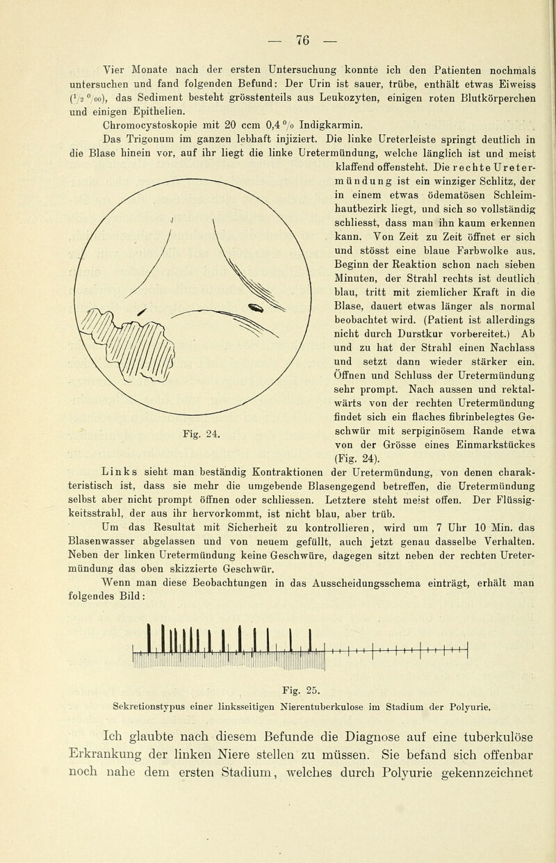 Vier Monate nach der ersten Untersuchung konnte ich den Patienten nochmals untersuchen und fand folgenden Befund: Der Urin ist sauer, trübe, enthält etwas Eiweiss C-'/z °/00)> das Sediment besteht grösstenteils aus Leukozyten, einigen roten Blutkörperchen und einigen Epithelien. Chromocystoskopie mit 20 ccm 0,4 °/o Indigkarmin. Das Trigonum im ganzen lebhaft injiziert. Die linke Ureterleiste springt deutlich in die Blase hinein vor, auf ihr liegt die linke Uretermündung, welche länglich ist und meist klaffend offensteht. Die rechte Ureter- mündung ist ein winziger Schlitz, der in einem etwas ödematösen Schleim- hautbezirk liegt, und sich so vollständig schliesst, dass man ihn kaum erkennen kann. Von Zeit zu Zeit öffnet er sich und stösst eine blaue Farbwolke aus. Beginn der Reaktion schon nach sieben Minuten, der Strahl rechts ist deutlich blau, tritt mit ziemlicher Kraft in die Blase, dauert etwas länger als normal beobachtet wird. (Patient ist allerdings nicht durch Durstkur vorbereitet.) Ab und zu hat der Strahl einen Nachlass und setzt dann wieder stärker ein. Öffnen und Schluss der Uretermündung sehr prompt. Nach aussen und rektal- wärts von der rechten Uretermündung findet sich ein flaches fibrinbelegtes Ge- schwür mit serpiginösem Rande etwa von der Grösse eines Einmarkstückes (Fig. 24). Links sieht man beständig Eontraktionen der Uretermündung, von denen charak- teristisch ist, dass sie mehr die umgebende Blasengegend betreffen, die Uretermündung selbst aber nicht prompt öffnen oder schliessen. Letztere steht meist offen. Der Flüssig- keitsstrahl, der aus ihr hervorkommt, ist nicht blau, aber trüb. Um das Resultat mit Sicherheit zu kontrollieren, wird um 7 Uhr 10 Min. das Blasenwasser abgelassen und von neuem gefüllt, auch jetzt genau dasselbe Verhalten. Neben der linken Uretermündung keine Geschwüre, dagegen sitzt neben der rechten Ureter- mündung das oben skizzierte Geschwür. Wenn man diese Beobachtungen in das Ausscheidungsschema einträgt, erhält man folgendes Bild: Fig. 24. ll.llMl.ltlMi.lll^^ll.j^llll^lllMl^lllllllMfflllll I I | I I Fig. 25. Sekretionstypus einer linksseitigen Nierentuberkulose im Stadium der Polyurie. Ich glaubte nach diesem Befunde die Diagnose auf eine tuberkulöse Erkrankung der linken Niere stellen zu müssen. Sie befand sich offenbar noch nahe dem ersten Stadium, welches durch Polyurie gekennzeichnet