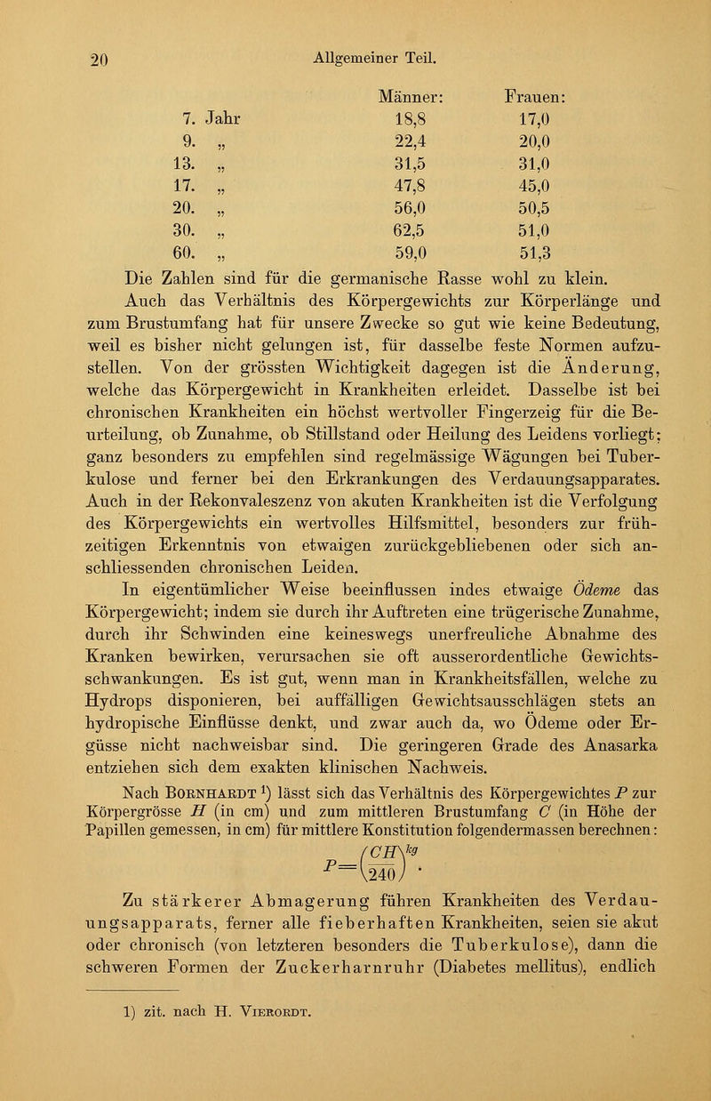Männer: Frauen: 7. Jahr 18,8 17,0 9. „ 22,4 20,0 13. „ 31,5 31,0 17. „ 47,8 45,0 20. „ 56,0 50,5 30. „ 62,5 51,0 60. „ 59,0 51,3 Die Zahlen sind für die g ;ermanische Rasse wohl zu Hein. Auch das Verhältnis des Körpergewichts zur Körperlänge und zum Brustumfang hat für unsere Zwecke so gut wie keine Bedeutung, weil es bisher nicht gelungen ist, für dasselbe feste Normen aufzu- stellen. Von der grössten Wichtigkeit dagegen ist die Änderung, welche das Körpergewicht in Krankheiten erleidet. Dasselbe ist bei chronischen Krankheiten ein höchst wertvoller Fingerzeig für die Be- urteilung, ob Zunahme, ob Stillstand oder Heilung des Leidens vorliegt: ganz besonders zu empfehlen sind regelmässige Wägungen bei Tuber- kulose und ferner bei den Erkrankungen des Verdauungsapparates. Auch in der Rekonvaleszenz von akuten Krankheiten ist die Verfolgung des Körpergewichts ein wertvolles Hilfsmittel, besonders zur früh- zeitigen Erkenntnis von etwaigen zurückgebliebenen oder sich an- schliessenden chronischen Leiden. In eigentümlicher Weise beeinflussen indes etwaige Ödeme das Körpergewicht; indem sie durch ihr Auftreten eine trügerische Zunahme, durch ihr Schwinden eine keineswegs unerfreuliche Abnahme des Kranken bewirken, verursachen sie oft ausserordentliche Gewichts- schwankungen. Es ist gut, wenn man in Krankheitsfällen, welche zu Hydrops disponieren, bei auffälligen Gewichtsausschlägen stets an hydropische Einflüsse denkt, und zwar auch da, wo Ödeme oder Er- güsse nicht nachweisbar sind. Die geringeren Grade des Anasarka entziehen sich dem exakten klinischen Nachweis. Nach BORNHARDT ^) lässt sich das Verhältnis des Körpergewichtes P zur Körpergrösse H (in cm) und zum mittleren Brustumfang C (in Höhe der Papillen gemessen, in cm) für mittlere Konstitution folgendermassen berechnen: ■^~V24oy • Zu stärkerer Abmagerung führen Krankheiten des Verdau- ungsapparats, ferner alle fieberhaften Krankheiten, seien sie akut oder chronisch (von letzteren besonders die Tuberkulose), dann die schweren Formen der Zuckerharnruhr (Diabetes mellitus), endlich 1) zit. nach H. Vierordt.