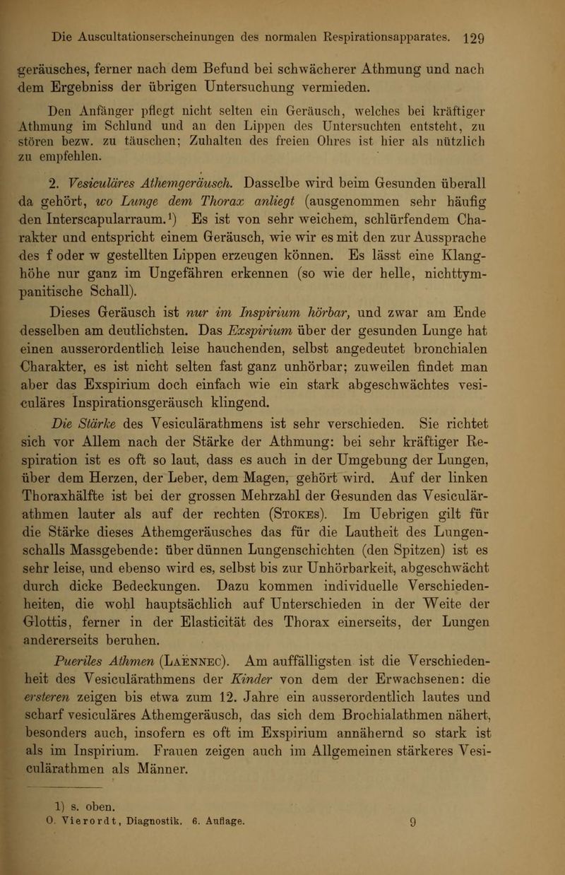 Die AuscultatioDserscheinungen des normalen Respirationsapparates. j[29 geräusches, ferner nach dem Befund bei schwächerer Athmung und nach dem Ergebniss der übrigen Untersuchung vermieden. Den Anfänger pflegt nicht selten ein Geräusch, welches bei kräftiger Athmung im Schlund und an den Lippen des Untersuchten entsteht, zu stören bezw. zu täuschen; Zuhalten des freien Ohres ist hier als nützlich zu empfehlen. 2. Vesiculäres Athemgeräusch. Dasselbe wird beim Gesunden überall da gehört, wo Lunge dem Thorax anliegt (ausgenommen sehr häufig den Interscapularraum. ^) Es ist von sehr weichem, schlürfendem Cha- rakter und entspricht einem Geräusch, wie wir es mit den zur Aussprache des f oder w gestellten Lippen erzeugen können. Es lässt eine Klang- höhe nur ganz im Ungefähren erkennen (so wie der helle, nichttym- panitische Schall). Dieses Geräusch ist nur im Inspirium hörbarj und zwar am Ende desselben am deutlichsten. Das Exspirium über der gesunden Lunge hat einen ausserordentlich leise hauchenden, selbst angedeutet bronchialen Charakter, es ist nicht selten fast ganz unhörbar; zuweilen findet man aber das Exspirium doch einfach wie ein stark abgeschwächtes vesi- culäres Inspirationsgeräusch klingend. Die Stärke des Vesiculärathmens ist sehr verschieden. Sie richtet sich vor Allem nach der Stärke der Athmung: bei sehr kräftiger Re- spiration ist es oft so laut, dass es auch in der Umgebung der Lungen, über dem Herzen, der Leber, dem Magen, gehört wird. Auf der linken Thoraxhälfte ist bei der grossen Mehrzahl der Gesunden das Vesiculär- athmen lauter als auf der rechten (Stokes). Im Uebrigen gilt für die Stärke dieses Athemgeräusches das für die Lautheit des Lungen- schalls Massgebende: über dünnen Lungenschichten (den Spitzen) ist es sehr leise, und ebenso wird es, selbst bis zur Unhörbarkeit, abgeschwächt durch dicke Bedeckungen. Dazu kommen individuelle Verschieden- heiten, die wohl hauptsächlich auf Unterschieden in der Weite der Glottis, ferner in der Elasticität des Thorax einerseits, der Lungen andererseits beruhen. Pueriles Athmen (Laennec). Am auffälligsten ist die Verschieden- heit des Vesiculärathmens der Kinder von dem der Erwachsenen: die ersteren zeigen bis etwa zum 12. Jahre ein ausserordentlich lautes und scharf vesiculäres Athemgeräusch, das sich dem Brochialathmen nähert, besonders auch, insofern es oft im Exspirium annähernd so stark ist als im Inspirium. Frauen zeigen auch im Allgemeinen stärkeres Vesi- culärathmen als Männer. 1) s. oben.