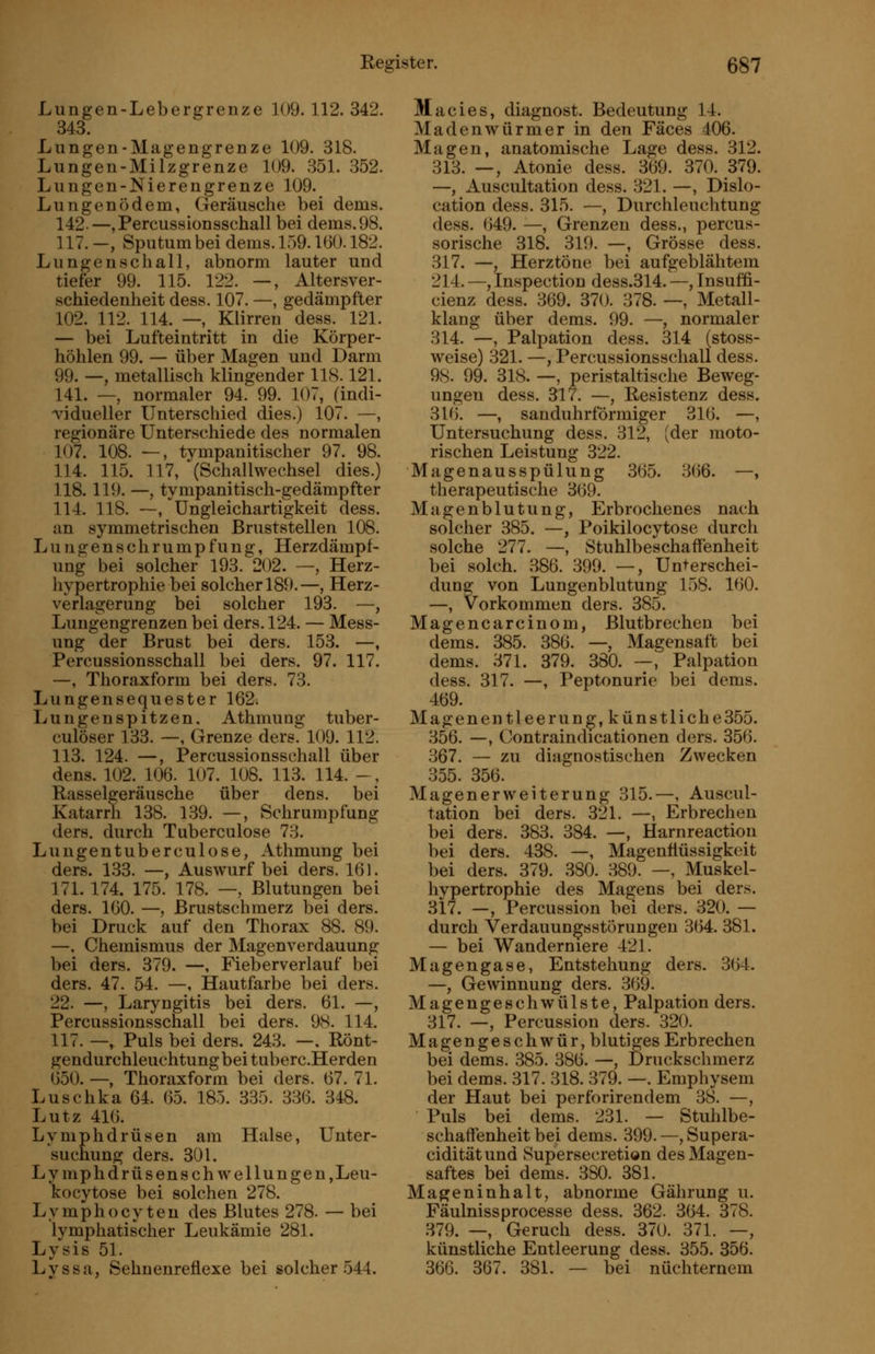 Lungen-Lebergrenze 109.112.342. 343. Lungen-Magengrenze 109. 318. Lungen-Milzgrenze 109. 351. 352. Lungen-Nierengrenze 109. Lungenödem, Geräusche bei dems. 142-—jPercussionsschall bei dems. 98. 117. -, Sputum bei dems. 159.160.182. Lungenschall, abnorm lauter und tiefer 99. 115. 122. —, Altersver- schiedenheit dess. 107. —, gedämpfter 102. 112. 114. —, Klirren dess. 121. — bei Lufteintritt in die Körper- höhlen 99. — über Magen und Darm 99. —, metallisch klingender 118.121. 141. — normaler 94. 99. 107, (indi- vidueller Unterschied dies.) 107. —, regionäre Unterschiede des normalen 107. 108. —, tympanitischer 97. 98. 114. 115. 117, (Schalhvechsel dies.) 118.119. —, tympanitisch-gedämpfter 114. 118. —, Ungleichartigkeit dess. an symmetrischen Bruststellen 108. L u n g e n s c h r u m p fu n g, Herzdämpf- ung bei solcher 193. 202. —, Herz- hypertrophie bei solcher 189.—, Herz- verlagerung bei solcher 193. —, Lungengrenzen bei ders. 124. — Mess- ung der Brust bei ders. 153. —, Percussionsschall bei ders. 97. 117. —, Thoraxform bei ders. 73. Lungensequester 162. Lungenspitzen. Athmung tuber- culöser 133. —, Grenze ders. 109. 112. 113. 124. —, Percussionsschall über dens. 102. 106. 107. 108. 113. 114. -, Rasselgeräusche über dens. bei Katarrh 138. 139. —, Schrumpfung ders. durch Tuberculose 73. Lungentuberculose, Athmung bei ders. 1.33. —, Auswurf bei ders. 161. 171. 174. 175. 178. —, Blutungen bei ders. 160. —, Brustschmerz bei ders. bei Druck auf den Thorax 88. 89. —. Chemismus der Magenverdauung bei ders. 379. —, Fieberverlauf bei ders. 47. 54. —, Hautfarbe bei ders. 22. —, Laryngitis bei ders. 61. —, Percussionsschall bei ders. 98. 114. 117. —, Puls bei ders. 243. —, Rönt- gendurchleuchtungbeituberc.Herden 650. —, Thoraxform bei ders. 67. 71. Luschka 64. 65. 185. 335. 336. 348. Lutz 416. Lymphdrüsen am Halse, Unter- suchung ders. 301. Lymphdrüsenschwellungen,Leu- kocytose bei solchen 278. Lymphocy teu des Blutes 278. — bei lymphatischer Leukämie 281. Lysis 51. Lyssa, Sehnenreflexe bei solcher .544. Macies, diagnost. Bedeutung 14. Madenwürmer in den Fäces 106. Magen, anatomische Lage dess. 312. 313. —, Atonie dess. 369. 370. 379. —, Auscultation dess. 321. —, Dislo- cation dess. 315. —, Durchleuchtung dess. 649. —, Grenzen dess., percus- sorische 318. 319. —, Grösse dess. 317. —, Herztöne bei aufgeblähtem 214. —, Inspection dess.314. —, Tnsuffi- cienz dess. 369. 370. 378. —, Metall- klang über dems. 99. —, normaler 314. —, Palpation dess. 314 (stoss- weise) 321. —, Percussionsschall dess. 98. 99. 318. —, peristaltische Beweg- ungen dess. 317. —, Resistenz dess. 316. —, sanduhrförmiger 316. —, Untersuchung dess. 312, (der moto- rischen Leistung 322. Magenausspülung 365. 366. —, therapeutische 369. Magenblutung, Erbrochenes nach solcher 385. —, Poikilocytose durch solche 277. —, Stuhlbeschaflenheit bei solch. .386. 399. —, Unterschei- dung von Lungenblutung 158. 160. —, Vorkommen ders. 385. Magencarcinom, Blutbrechen bei dems. 385. 386. —, Magensaft bei dems. 371. 379. 380. —, Palpation dess. 317. —, Peptonurie bei dems. 469. Magenentleerun^, künstliche355. 356. —, Contraindicationen ders. 356. 367. — zu diagnostischen Zwecken 355. 356. Magenerweiterung 315.—, Auscul- tation bei ders. 321. —, Erbrechen bei ders. 383. 384. —, Harnreaction bei ders. 438. —, Magenfiüssigkeit bei ders. 379. 380. 389. —, Muskel- hypertrophie des Magens bei ders. 317. —, Percussion bei ders. 320. — durch Verdauungsstörungen 364. 381. — bei Wanderniere 421. Magengase, Entstehung ders. 364. —, Gewinnung ders. 369. Magengeschwülste, Palpation ders. 317. —, Percussion ders. 320. Magengeschwür, blutiges Erbrechen bei dems. 385. 386. —, Druckschmerz bei dems. 317. 318. 379. —. Emphysem der Haut bei perforirendem 38. —, Puls bei dems. 231. — Stuhlbe- schaffenheit bei dems. 399. —, Supera- ciditätund Supersecretion des Magen- saftes bei dems. 380. 381. Mageninhalt, abnorme Gährung u. Fäulnissprocesse dess. 362. 364. 378. 379. —, Geruch dess. 370. 371. —, künstliche Entleerung dess. 355. 356. 366. 367. 381. — bei nüchternem