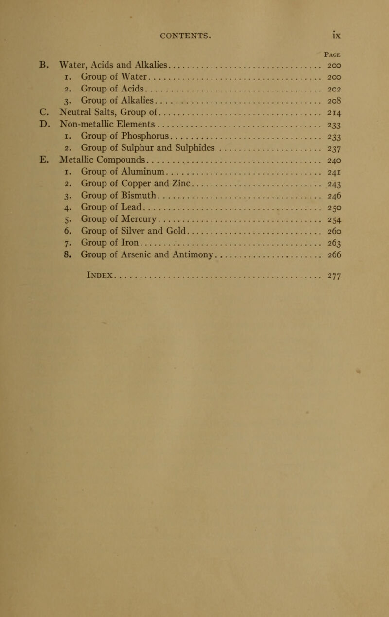 Page B. Water, Adds and Alkalies 200 1. Group of Water 200 2. Group of Acids 202 3. Group of Alkalies 208 C. Neutral Salts, Group of 214 D. Non-metallic Elements 233 1. Group of Phosphorus 233 2. Group of Sulphur and Sulphides 237 E. Metallic Compounds 240 1. Group of Aluminum 241 2. Group of Copper and Zinc 243 3. Group of Bismuth 246 4. Group of Lead 250 5. Group of Mercury 254 6. Group of Silver and Gold 260 7. Group of Iron 263 8. Group of Arsenic and Antimony 266 Index 277