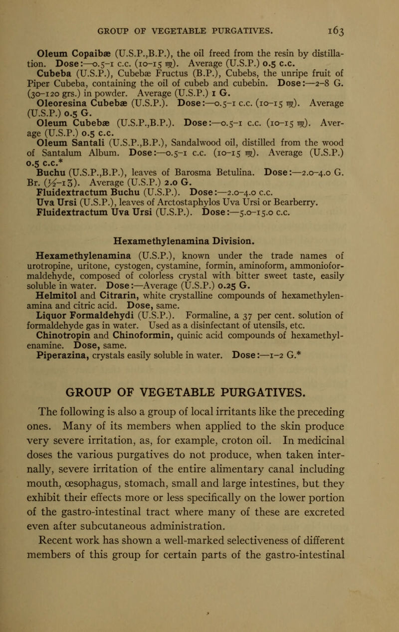 Oleum Copaibae (U.S.P.,B.P.), the oil freed from the resin by distilla- tion. Dose:—0.5-1 c.c. (10-15 nij). Average (U.S.P.) 0.5 c.c. Cubeba (U.S.P.), Cubebae Fructus (B.P.), Cubebs, the unripe fruit of Piper Cubeba, containing the oil of cubeb and cubebin. Dose:—2-8 G. (30-120 grs.) in powder. Average (U.S.P.) i G. Oleoresina Cubebae (U.S.P.). Dose:—0.5-1 c.c. (10-15 ^m). Average (U.S.P.) 0.5 G. Oleum Cubebae (U.S.P.,B.P.). Dose:—0.5-1 c.c. (10-1510?). Aver- age (U.S.P.) 0.5 c.c. Oleum Santali (U.S.P.,B.P.), Sandalwood oil, distilled from the wood of Santalum Album. Dose:—0.5-1 c.c. (10-15 ^)- Average (U.S.P.) 0.5 CO.* Buchu (U.S.P.jB.P.), leaves of Barosma BetuHna. Dose:—2.0-4.0 G. Br. (5f-i3). Average (U.S.P.) 2.0 G. Fluidextractum Buchu (U.S.P.). Dose:—2.0-4.0 c.c. Uva Ursi (U.S.P.), leaves of Arctostaphylos Uva Ursi or Bearberry. Fluidextractum Uva Ursi (U.S.P.). Dose:—5.0-15.0 c.c. Hexamethylenamina Division. Hexamethylenamina (U.S.P.), known under the trade names of urotropine, uritone, cystogen, cystamine, formin, aminoform, ammoniofor- maldehyde, composed of colorless crystal with bitter sweet taste, easily soluble in water. Dose:—^Average (U.S.P.) 0.25 G. Helmitol and Citrarin, white crystalHne compounds of hexamethylen- amina and citric acid. Dose, same. Liquor Formaldehydi (U.S.P.). Formaline, a 37 per cent, solution of formaldehyde gas in water. Used as a disinfectant of utensils, etc. Chinotropin and Chinoformin, quinic acid compounds of hexamethyl- enamine. Dose, same. Piperazina, crystals easily soluble in water. Dose:—1-2 G.* GROUP OF VEGETABLE PURGATIVES. The following is also a group of local irritants like the preceding ones. Many of its members when applied to the skin produce very severe irritation, as, for example, croton oil. In medicinal doses the various purgatives do not produce, when taken inter- nally, severe irritation of the entire alimentary canal including mouth, oesophagus, stomach, small and large intestines, but they exhibit their effects more or less specifically on the lower portion of the gastro-intestinal tract where many of these are excreted even after subcutaneous administration. Recent work has shown a well-marked selectiveness of different members of this group for certain parts of the gastro-intestinal