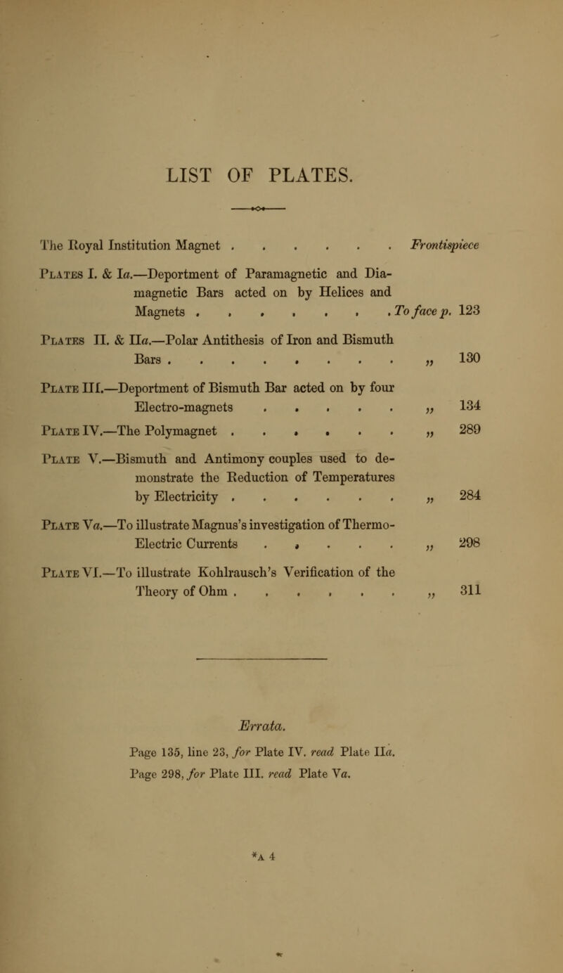 LIST OF PLATES. The Royal Institution Magnet Frontispiece Plates I. & la.—Deportment of Paramagnetic and Dia- magnetic Bars acted on by Helices and Magnets To face p. 123 Plates II. & Ila.—Polar Antithesis of Iron and Bismuth Bars „ 130 Plate III.—Deportment of Bismuth Bar acted on by four Electro-magnets „ 134 Plate IV.—The Polymagnet ...... ,,289 Plate V.—Bismuth and Antimony couples used to de- monstrate the Reduction of Temperatures by Electricity ,,284 Plate Va.—To illustrate Magnus's investigation of Thermo- Electric Currents . $ . . . „ 298 Plate VI.—To illustrate Kohlrausch's Verification of the Theory of Ohm ,,311 Errata. Page 135, line 23, for Plate IV. read Plate Ila. Page 298, for Plate III. read Plate Va. *a4