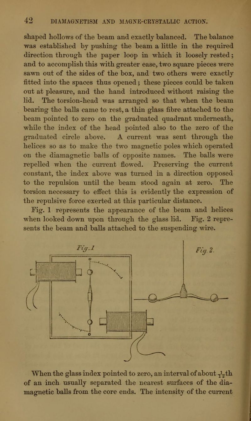 shaped hollows of the beam and exactly balanced. The balance was established by pushing- the beam a little in the required direction through the paper loop in which it loosely rested; and to accomplish this with greater ease, two square pieces were sawn out of the sides of the box, and two others were exactly fitted into the spaces thus opened; these pieces could be taken out at pleasure, and the hand introduced without raising the lid. The torsion-head was arranged so that when the beam bearing the balls came to rest, a thin glass fibre attached to the beam pointed to zero on the graduated quadrant underneath, while the index of the head pointed also to the zero of the graduated circle above. A current was sent through the helices so as to make the two magnetic poles which operated on the diamagnetic balls of opposite names. The balls were repelled when the current flowed. Preserving the current constant, the index above was turned in a direction opposed to the repulsion until the beam stood again at zero. The torsion necessary to effect this is evidently the expression of the repulsive force exerted at this particular distance. Fig. 1 represents the appearance of the beam and helices when looked down upon through the glass lid. Fig. 2 repre- sents the beam and balls attached to the suspending wire. Fig. 2. When the glass index pointed to zero, an interval of about TVth of an inch usually separated the nearest surfaces of the dia- magnetic balls from the core ends. The intensity of the current