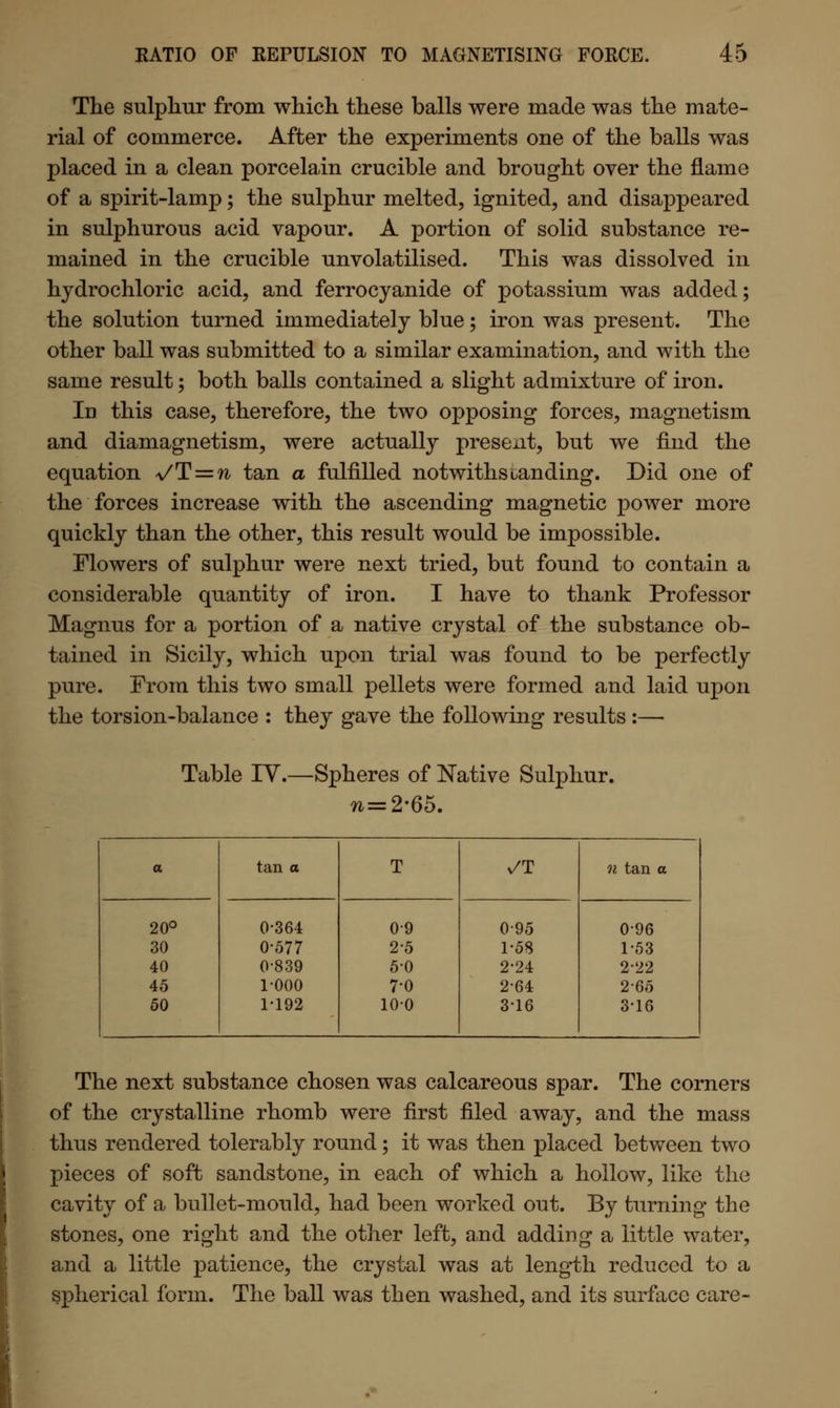 The sulphur from which these balls were made was the mate- rial of commerce. After the experiments one of the balls was placed in a clean porcelain crucible and brought over the flame of a spirit-lamp; the sulphur melted, ignited, and disappeared in sulphurous acid vapour. A portion of solid substance re- mained in the crucible unvolatilised. This was dissolved in hydrochloric acid, and ferrocyanide of potassium was added; the solution turned immediately blue; iron was present. The other ball was submitted to a similar examination, and with the same result; both balls contained a slight admixture of iron. In this case, therefore, the two opposing forces, magnetism and diamagnetism, were actually present, but we find the equation VT = n tan a fulfilled notwithstanding. Did one of the forces increase with the ascending magnetic power more quickly than the other, this result would be impossible. Flowers of sulphur were next tried, but found to contain a considerable quantity of iron. I have to thank Professor Magnus for a portion of a native crystal of the substance ob- tained in Sicily, which upon trial was found to be perfectly pure. From this two small pellets were formed and laid upon the torsion-balance : they gave the following results :— Table IV.—Spheres of Native Sulphur. n=2-65. a tan a T •T n tan a 20° 0-364 09 095 096 30 0-577 2-5 1-58 1-53 40 0-839 5-0 2-24 2-22 45 1-000 7-0 2-64 2-65 50 1-192 100 3-16 3-16 The next substance chosen was calcareous spar. The corners of the crystalline rhomb were first filed away, and the mass thus rendered tolerably round; it was then placed between two pieces of soft sandstone, in each of which a hollow, like the cavity of a bullet-mould, had been worked out. By turning the stones, one right and the other left, and adding a little water, and a little patience, the crystal was at length reduced to a spherical form. The ball was then washed, and its surface care-
