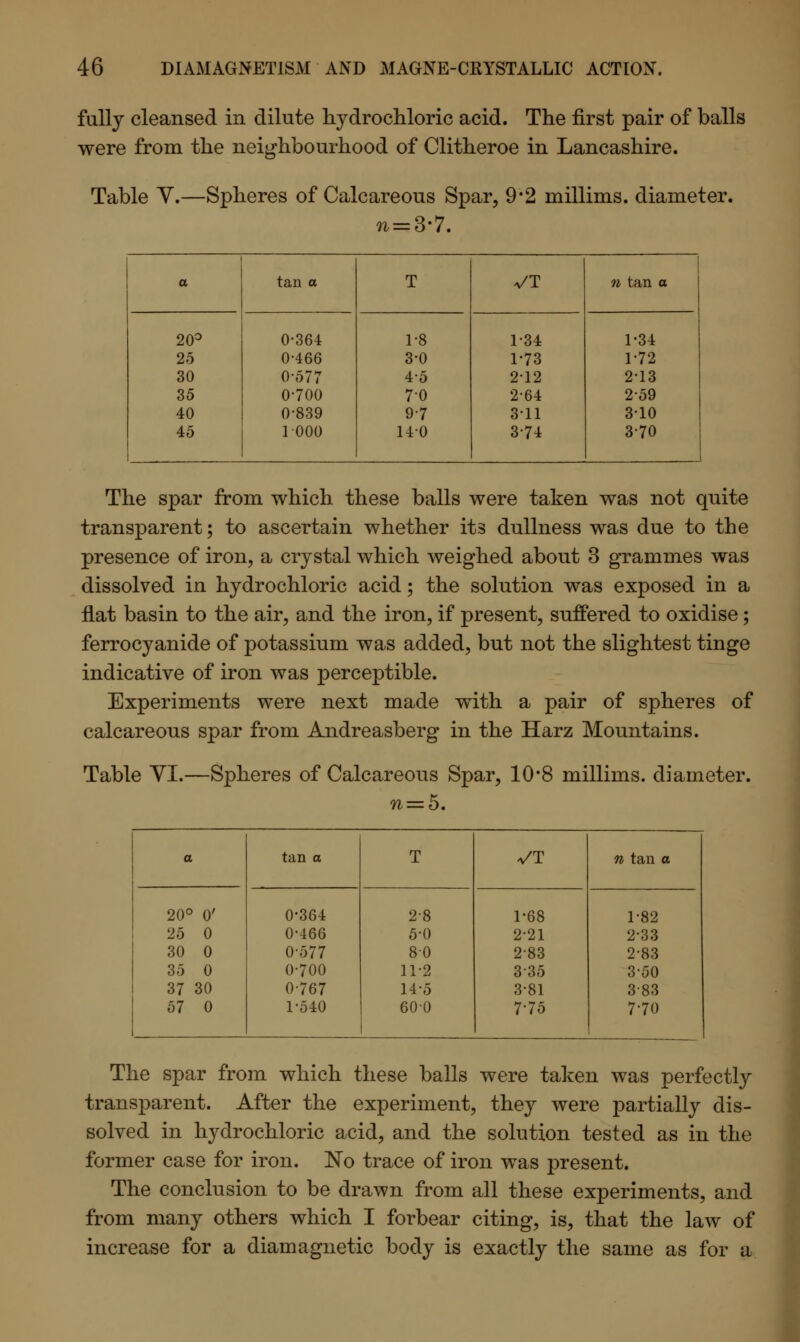 fallj cleansed in dilute hydrochloric acid. The first pair of balls were from the neighbourhood of Clitheroe in Lancashire. Table Y.—Spheres of Calcareous Spar, 9*2 millims. diameter. 7i = 3-7. a tan a T a/T n tan o 20° 0-364 1-8 1-34 1-34 25 0-466 3-0 1-73 1-72 30 0-577 4-5 2-12 2-13 35 0-700 7-0 2-64 2-59 40 0-839 9-7 3-11 3-10 45 1 000 140 3-74 3-70 The spar from which these balls were taken was not quite transparent; to ascertain whether its dullness was due to the presence of iron, a crystal which weighed about 3 grammes was dissolved in hydrochloric acid; the solution was exposed in a flat basin to the air, and the iron, if present, suffered to oxidise; ferrocyanide of potassium was added, but not the slightest tinge indicative of iron was perceptible. Experiments were next made with a pair of spheres of calcareous spar from Andreasberg in the Harz Mountains. Table VI.—Spheres of Calcareous Spar, 10*8 millims. diameter. n = 5. a tan a T VT n tan a 20° 0' 0-364 28 1-68 1-82 25 0 0-466 5-0 2-21 2-33 30 0 0-577 80 2-83 2-83 35 0 0-700 11-2 335 3-50 37 30 0-767 14-5 3-81 383 57 0 1-540 600 775 7-70 The spar from which these balls were taken was perfectly transparent. After the experiment, they were partially dis- solved in hydrochloric acid, and the solution tested as in the former case for iron. No trace of iron was present. The conclusion to be drawn from all these experiments, and from many others which I forbear citing, is, that the law of increase for a diamagnetic body is exactly the same as for a